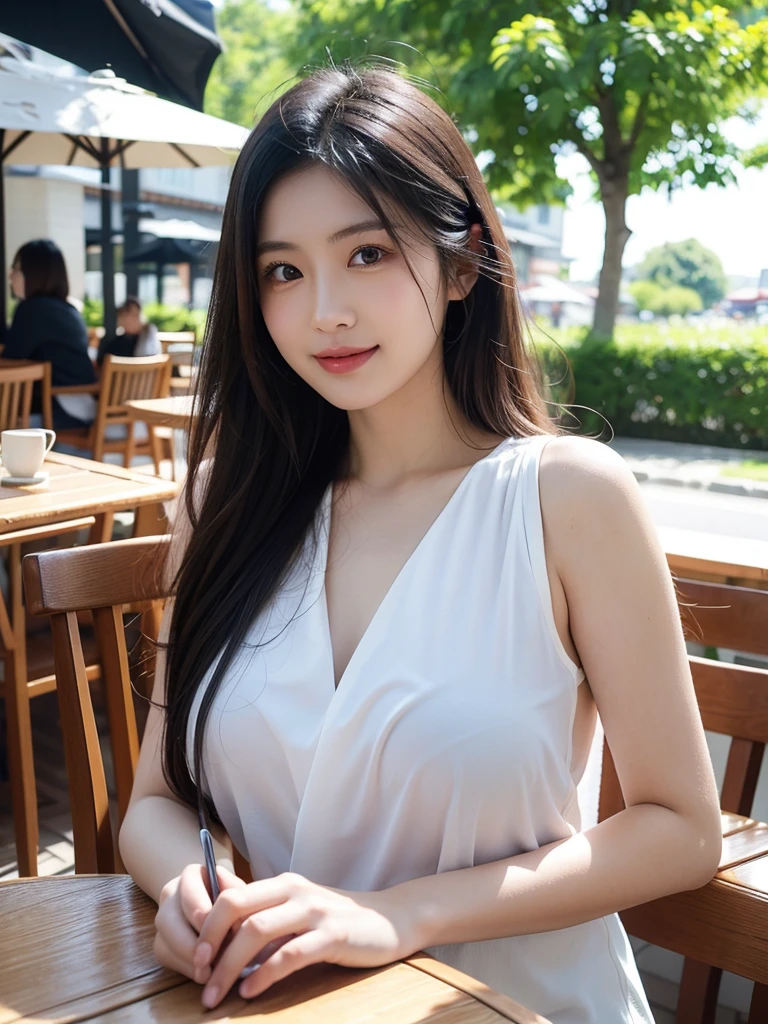 (masterpiece, top-quality、Very attractive adult beauty、Add intense highlights to the eyes、Look firmly at the camera),1girl in, solo, Light brown shiny hair, muffler,Santa Claus hat,realisitic, looking at the viewers, Light colored crystal light blue eyes, short shiny hair, Santa Claus's coat, Winter clothes, Furmoff's Santa Claus costume, s lips, lipgloss,bangss, The upper part of the body、big eye、Lashes)、((Road system in Italy in winter))、((Shorthair with bangs、big eye、Put very strong highlights in your students、{Gigantic|Big|Huge|Mega} breasts、very Bigger breasts、gazing at viewer、Very beautiful beauty、Put your ears out、long neck、little smiling、Beautiful teeth、Open your mouth and smile))、28 year old、Very cute supermodel