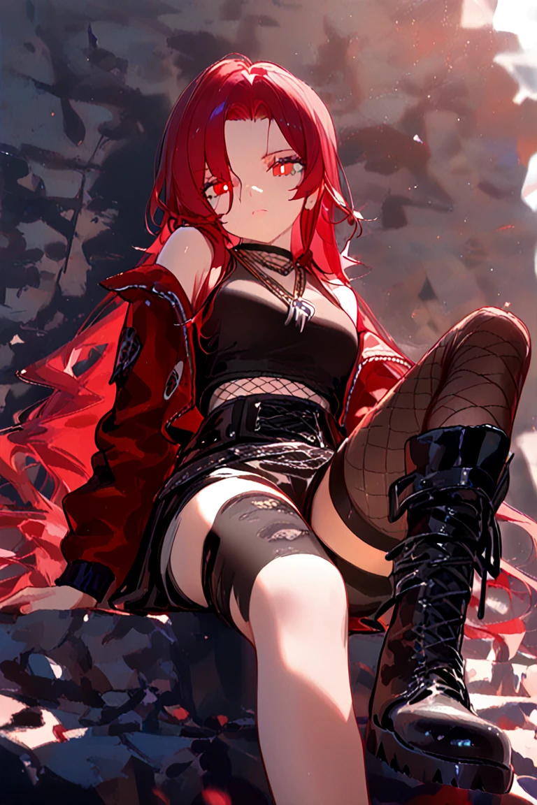 (masterpiece, best quality) an adult woman with very long red hair, forest, ((garden)), ((night)), ((campfire)), outdoors, ((sitting)), ((crossed legs)), rain, indoors, ((red hooded jacket)), ((close-up)), neckline, black ribbons, red leather, (profile picture), black bows, bodysuit, cold look, queen, good anatomy, correct proportions, queen, yellow eyes, serious, mysterious appearance, emotionless, straight bangs, very long red hair, evil, (yellow eyes), gothic, medium chest, ((show from chest to head)), oil painting color, solo, cinematic lighting, extremely detailed face, finely detailed face, beautiful face, beautiful eyes, perfect lighting, depth of field, realistic proportions, good anatomy