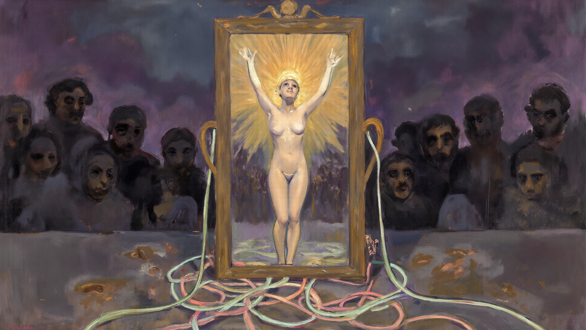 (artwork), best quality, a stunning and dramatic artwork: "Vincent Lefevre'vision,"
(A highly detailed and graphic portrait of Stoya in an unexpected and dramatic scene),
with long flowing iridescent hair in shades of purple, cerúleo, AND verde,
Woman with ????? body, standing in a dramatic pose, Hanging from chains, impaled by a pole,
(no antecedents), in a city square, a crowd of people watches the impaled woman, bathed in a mysterious and dramatic atmosphere,
(shiny hair), multicolored hair, a woman hanged and impaled on a suspended pole