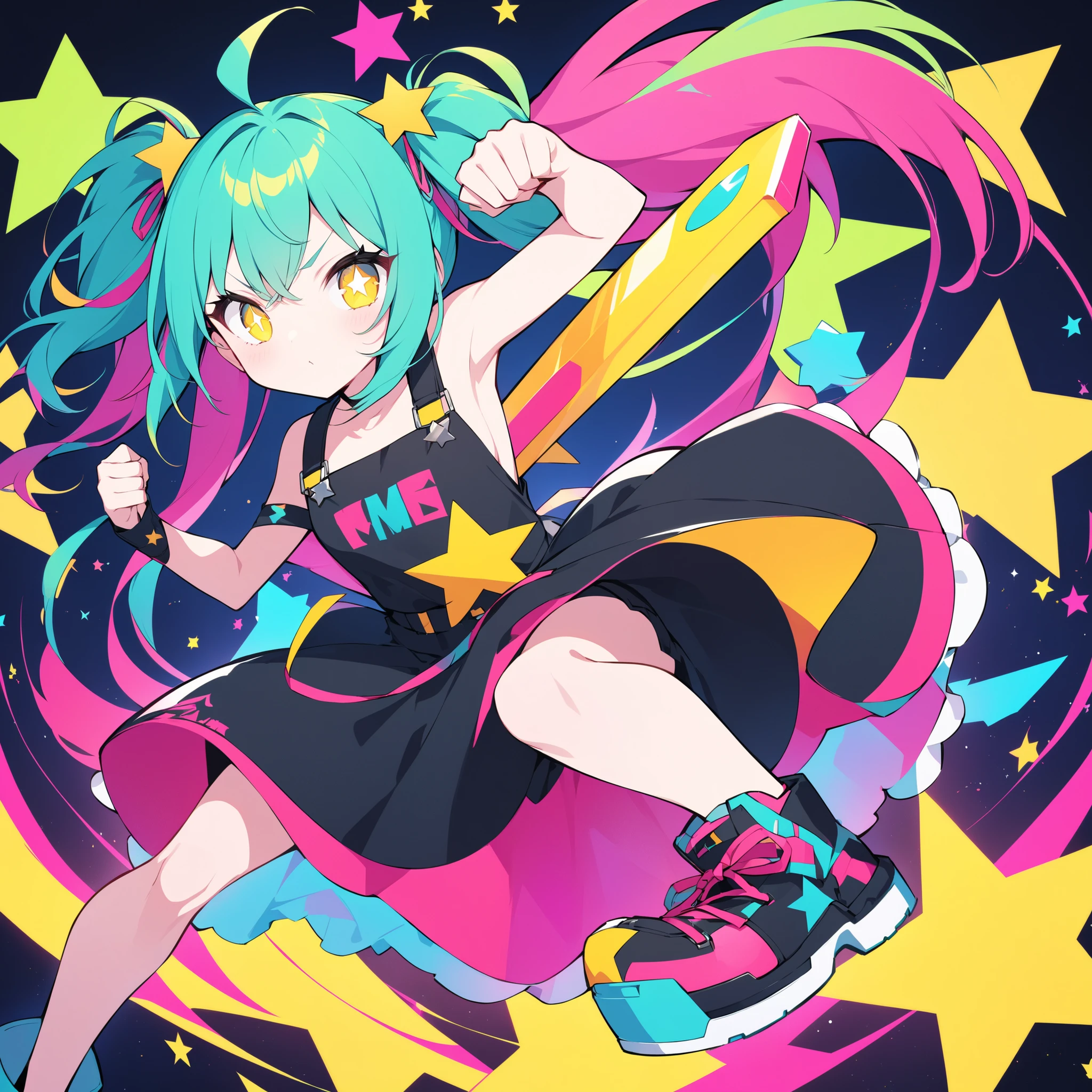 , and、features a yellow star-shaped accessory on the inside of the pigtail. raising his left arm up、with bright blue-green hair tied into pigtails、has a prominent pink ribbon on the top, x} moreover、enhances contrast and makes the character pop visually. character's eyes are big so that they look fun,  dark, and the focused, conveys a sense of determination and frustration. Her round face is、and is surrounded by vivid hair that changes to pink until the end. It's an illustration that combines cute charm elements with a slightly rebellious attitude {x} She's wearing a simple black dress adorned with big yellow stars. Part of, highlights the star theme in the colorful and bold illustration. complete the, adds a playful touch to her overall look.  background is bright orange , costume What makes it look great is an oversized pink shoe that matches the ribbon. depicts a cartoon character with an expressive and determined expression, captured from the character's stance and expression.