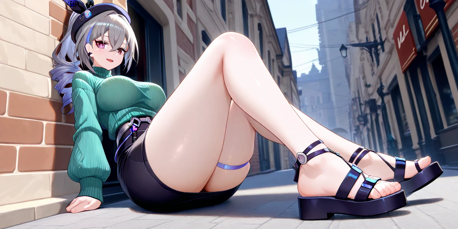 ((full body)), ((full pose)), kurumitokisaki, tokisaki kurumi, clock eyes, black hair, twintails, (red eyes:1.2), (yellow eyes:1.3), heterochromia, (small breast:1.3), ((smug smile)), ((medium breasts)), ((black stockings)), bow, ribbon, ((black underwear:1.4)), BREAK looking at viewer, BREAK outdoors, BREAK (masterpiece:1.2), best quality, high resolution, unity 8k wallpaper, (illustration:0.8), (beautiful detailed eyes:1.6), extremely detailed face, perfect lighting, extremely detailed CG, (perfect hands, perfect anatomy), ((Sky from below:1.4)), ((standing:1.4)), ((show feets:1.4)),