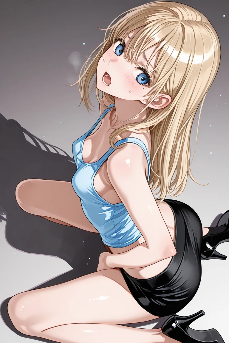 (NFSR8k:1.10, Highest quality, masterpiece:1.2), Very detailed, (High brightness:1.3), (High Contrast:1.1), (High chroma:1.1), (Anime screenshots:1.20), (((Perverted short girl:1.30))), ((hair ornaments:1.2)), Hair between the eyes, Blonde, bangs, ((short hair)), Green Eyes, skin, (((Long Hair:1.10))), (((Both sides up:1.10))), ((Beautiful Eyes:1.10)), (cuteeyes:1.10), ((Eye for details:1.5)), cute, (((((Budding breasts:1.30, valley:1.5, Nipples under clothes:1.35, Full breasts:1.30))))), (((((One white tank top with a very low neckline, size 3L for an adult male:1.30, A peek at the inner nipples from a tank top chest, from a perspective angle 1.40, Her breasts spill out of her tank top:1.30))))), ((the body is slim:1.10)), ((Sensual blush)), (Outdoor, Beach, Waterfront, Day), (cute 卑猥なO顔:1.20), (((Little girl puts both hands on the ground:1.10, Push your ass up:1.10, Put your knees on the ground:1.10))), (Shiny地skin:1.10), (Oil地skin:1.5), (((((Basic structure of the human body:1.55, Young girl leaning forward at 80 degrees:1.30))))