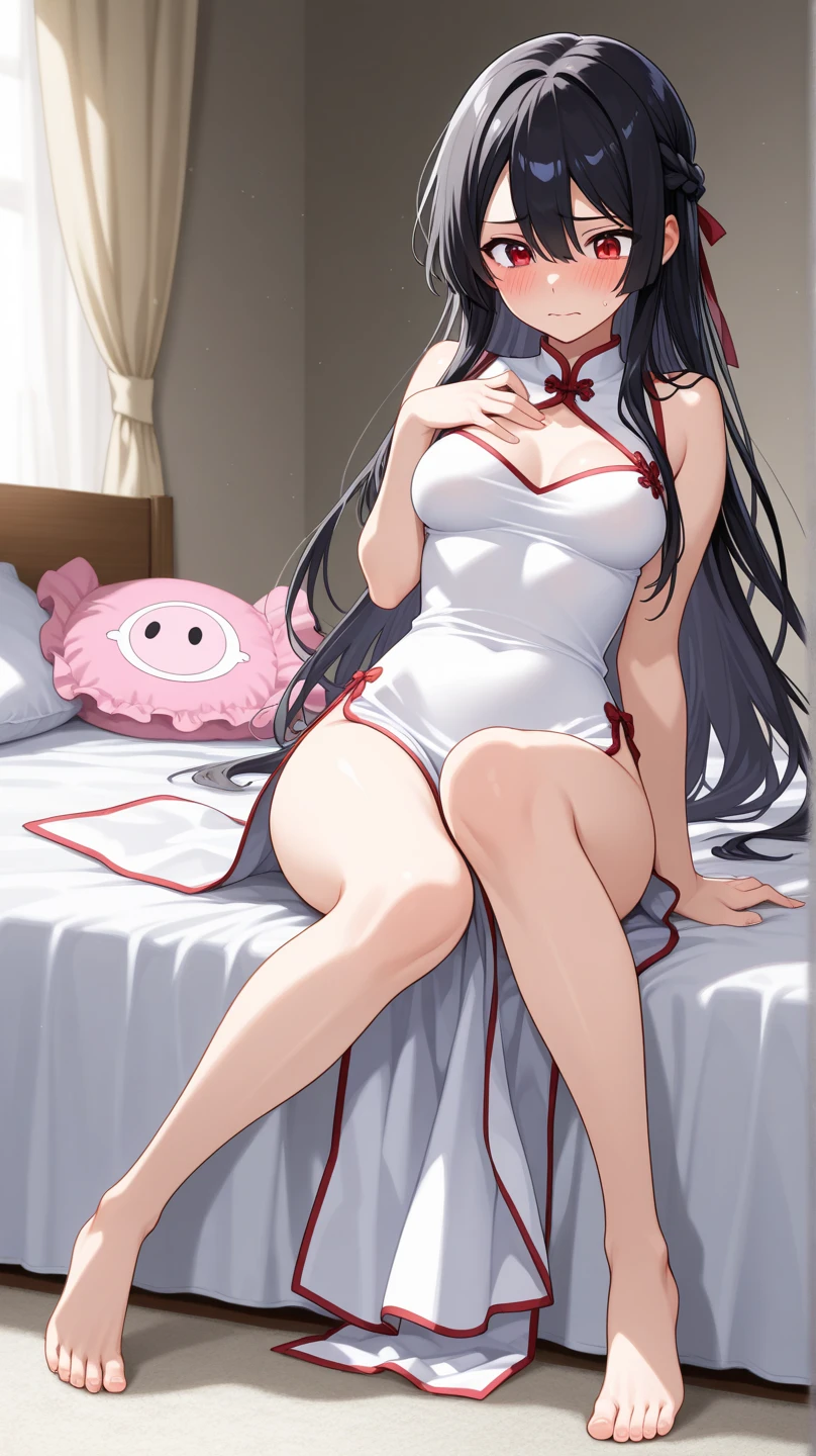 masterpiece, best quality,solo,(((Hakurei Reimu))),black hair,((blush)), ((tears)), ((shy)),((gag)),((((wedding_dress)))),((frilled socks)), ((((mary janes)))),((arms_behind_back)),((legs together)), ((bondage)),((shibari)),pregnancy,