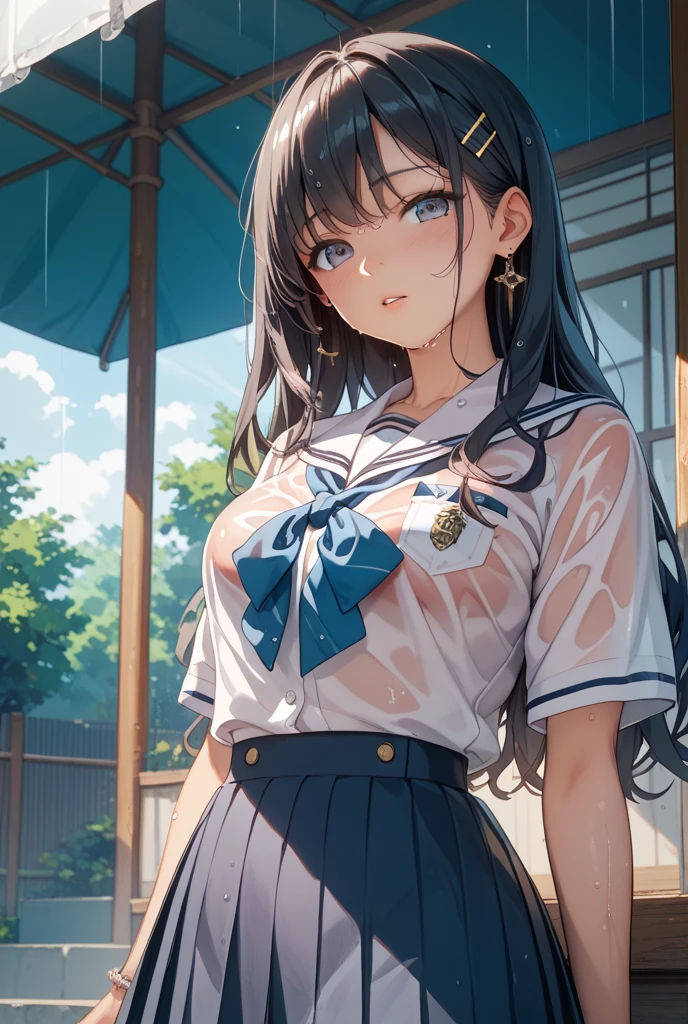 1female，25 age old，Slim，Large breasts，long legeig breasts Thin waist，Pornographic exposure， 独奏，（Background with：bamboo forrest，Stand in a sea of flowers，in summer） She has short black hair，standing on your feet，Sweat profusely，drenched all over the body，seen from the front， Twist braids， mostly cloudy sky，（（（tmasterpiece），（Very detailed CG unity 8K wallpaper），best qualtiy，cinmatic lighting，detailed back ground，beatiful detailed eyeright pupils，（Very fine and beautiful），（Beautiful and detailed eye description），ultra - detailed，tmasterpiece，）），facing at camera，A high resolution，ultra - detailed），revealing breastare genitalia， Bulge，Camel toes，Raised sexy，Flushed complexion，Open-mouthed，frontage，atenea，elementary student（Wearing：Sailor uniform，Black socks，）nakeness，upper body photos