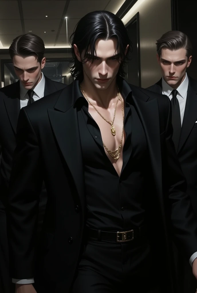 create an image of a mysterious man dressed in black, with gold chains and weapons, and on the front of the image written Mafia dos cheffinhas, in an elegant font written cheffinha mafia