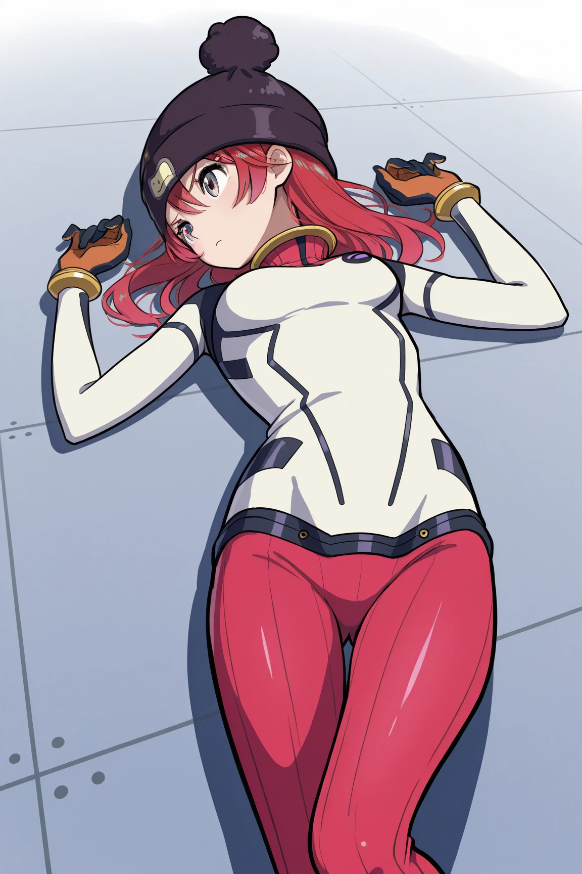 (1girl, standing) short, thin, tiny, small, young, light brown skin girl, egyptian, mouse ears, mouse tail, flame accents, white body suit, white full bodysuit with blue accents, cyberpunk tech suit, long hair, dark orange hair, white head scarf, blue and orange hair beads, cropped jacket, orange jacket, black utility belt with huge black pouches on hips, tech belt, giant hip saddlebags, big eyes, head bandana, turtle neck bodysuit, hair accessories, small braids in hair, hair half up half down, hair stripes, head jewelry, techwear, fire patches, bandages, large ears, glove, fingerless asymmetrical glove, wrapped hands, safety goggles around neck, black straps, fire theme, gun, flaming mouse tail, jacket patches, large mouse ears, half mouse, jacket patches, punk jacket patches,