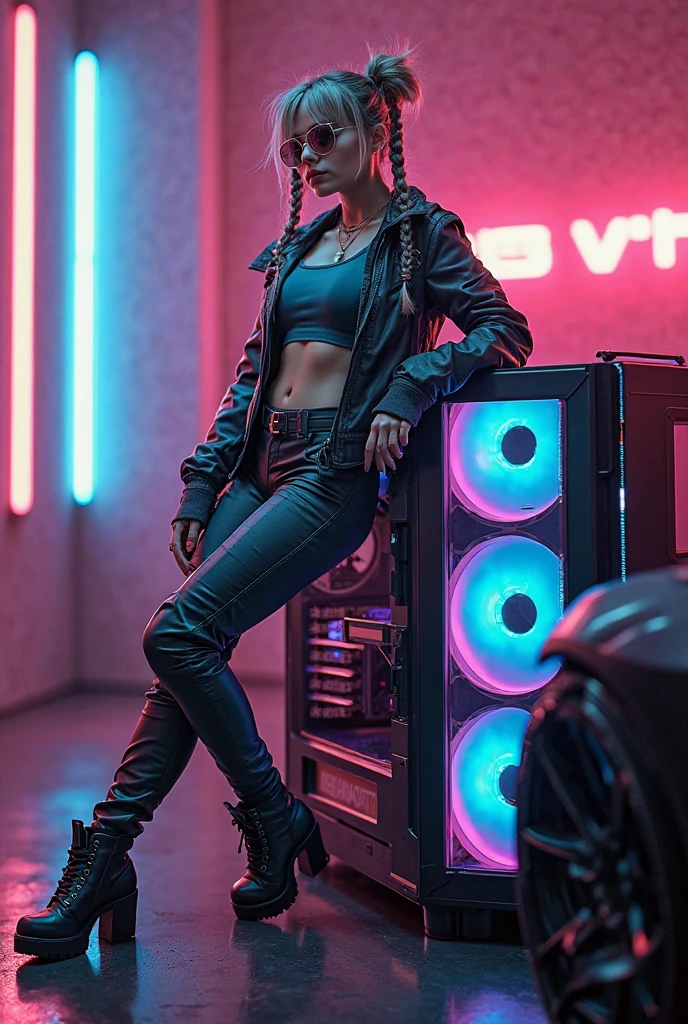 Cyberpunk female plagiarist immersed in digital theft, neon-lit alias within a vast online labyrinth, grotesque grunge brushing into surrealism, illuminated by kaleidoscopic volumetric light, a detailed masterpiece reminiscent of Moebius' distinctive style, deep focus, heightened depth field, psychedelic undertones amplified in a cinematic shot, aerial view of cyberpunk city at night, (1girl, solo), photo realistic, large-breast:1.4 D-cup slim body, cleavage:1.4, slim face, off broken mini sling-shirt and black sling bra, extremely short white pleated miniskirt, micro panty, (matrix style black micro sunglasses), (holding a short gun), half-body thigh level medium shot, cinematic lighting, ray tracing.