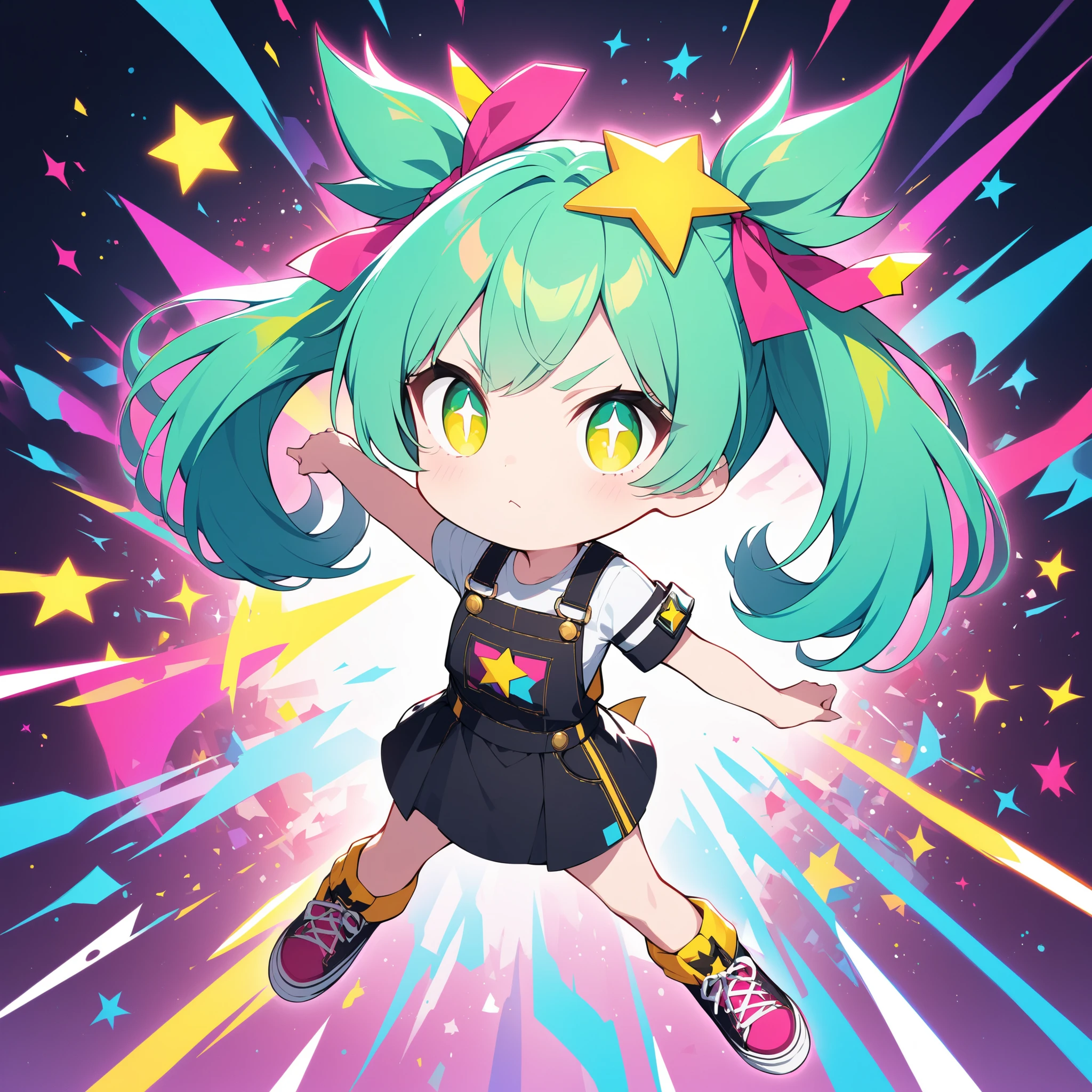 , and、features a yellow star-shaped accessory on the inside of the pigtail. raising his left arm up、with bright blue-green hair tied into pigtails、has a prominent pink ribbon on the top, x} moreover、enhances contrast and makes the character pop visually. character's eyes are big so that they look fun, dark, and the focused, conveys a sense of determination and frustration. Her round face is、and is surrounded by vivid hair that changes to pink until the end. It's an illustration that combines cute charm elements with a slightly rebellious attitude {x} She's wearing a simple black dress adorned with big yellow stars. Part of, highlights the star theme in the colorful and bold illustration. complete the, adds a playful touch to her overall look. background is bright orange , costume What makes it look great is an oversized pink shoe that matches the ribbon. depicts a cartoon character with an expressive and determined expression, captured from the character's stance and expression.
