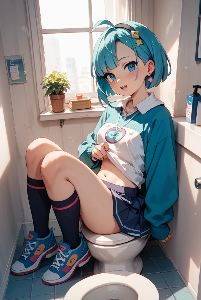 masterpiece, highest quality, High resolution, Dragon Ball, Bloomers、from the front、Spread your legs、Aqua Hair, Medium Hair, Blunt bangs, Red Hairband, Medium chest,Pencil Skirt, Micro Mini Skirt、Delta Zone、White lace panties、White lace bra、sneakers、loose socks、whole body、Cowboy Shot, indoor, Sitting in a chair, Holding a cup, coffee, Looking at the audience,Low - Angle