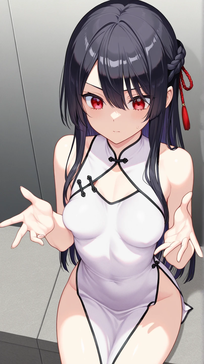 Exquisite eyes),(Clear and beautiful eyes:1.61),masterpiece, 1 young girl,(Black clothes and some red gems), Black long hair, (She has a huge red gem on her chest), Good Hand,((The Havoc of StarCraft)),full-body shot,Fighting Stance,(Red Eyes:1.466),short and small,(Very big breasts:1.35),(Pretty Face),(full-body shot:1.33),Beautiful hands