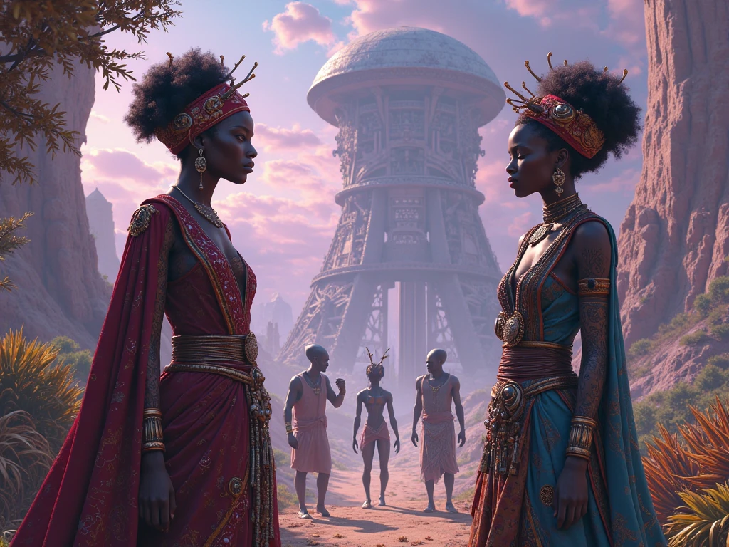 Full body shot of a Black woman wearing neon lit African designed clothes and neon lit African designed beads, standing on a reflective black surface with glowing marble spheres on the surface, dark area with light shining from the glowing marble spheres, with iridescent light, hyper-realistic image, 32k, ultra HD, cinematic lighting, artgerm style, highly detailed images, vibrant and beautiful colours,A wide angle shot of a community of black cave men and cave women, talking, cooking, bright daylight shining, with iridescent light, hyper-realistic image, 32k, ultra HD, cinematic lighting, artgerm style, highly detailed images, vibrant and beautiful colours,