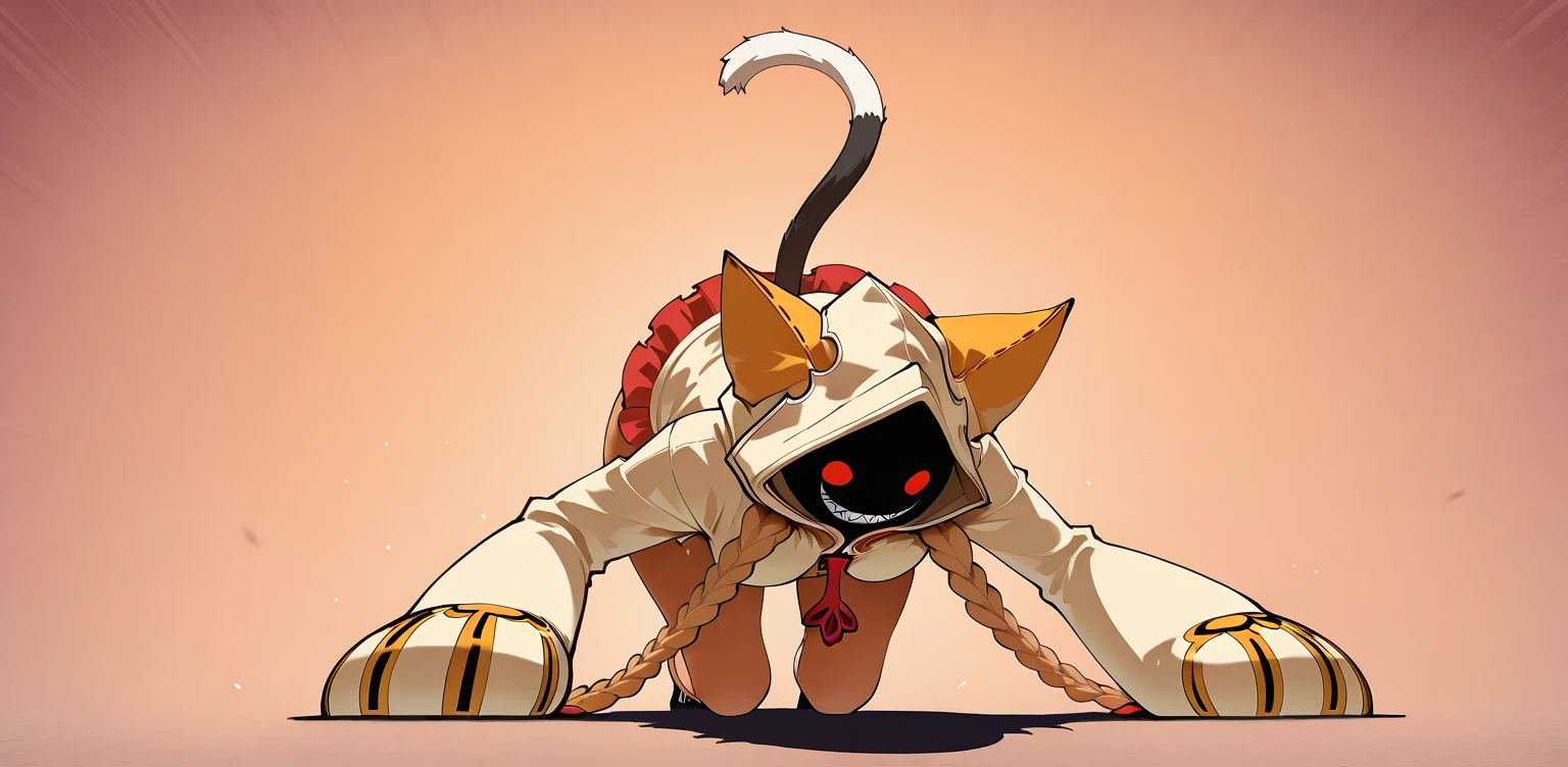 (best quality, masterpeice:1.2),detailed, taokakams, hood, animal hood, cat hood, red eyes, hoodie, tail,cat tail, smile, grin, teeth, claws, thighs, dark skin, dark-skinned female, vibrant, bright, smile, action pose  (realistic:0.2) <lora:taokaka:1>