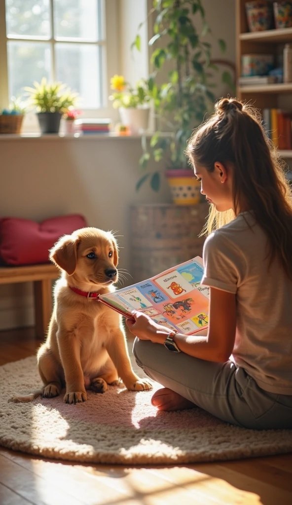 Create a baby sitting on the white floor White melanin hair with golden curls blue eyes super beautiful baby (((ele usa apenas frauda))) and he has an open book in his hands he is reading a book, (((Next to him is a Border Collie dog sitting and looking at him.))). Empty scene, altamente branco.  