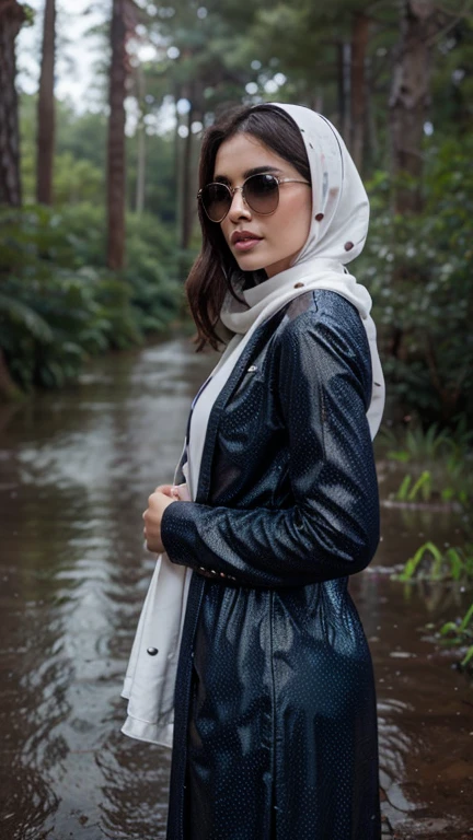 ((SUNGLASSES))), (((Chubby:1.3))), ((HIJAB)), (Best Quality, hight resolution, Realistic:1.37), Detailed face and expression, The Frightened Woman, pixie cut, sickly, Worn-out appearance, Swamp environment, standingn, Seductively drowning in a swamp, Distressed flared satin, cloudy water, Sinking Feeling, gloomy atmosphere, Foggy surroundings, dark shadows, A Surreal Touch, soft-lighting, creepy ambiance, can't cope with shame