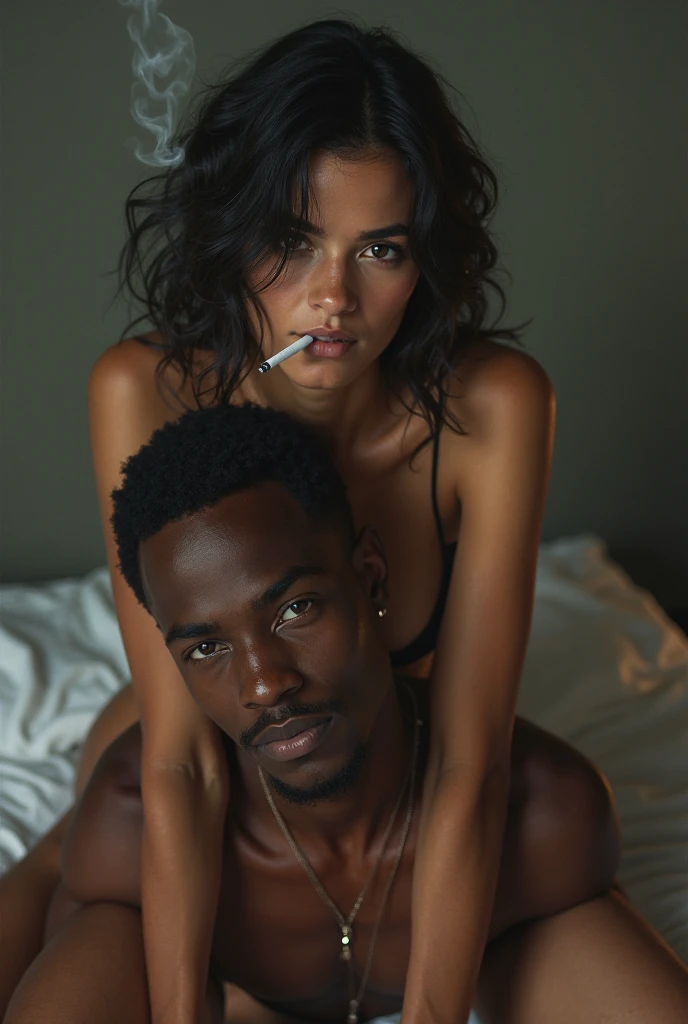 195 cm tall, 28-year-old man, short wavy brown side parted hair, blue-black skin, purple eyes, French-Nubian features, shirtless, cream pants, gentle closed mouth smile looking down, holding dagger to the shoulder of a 24-year-old far shorter woman with hesitant expression looking at ceiling while laying on bed with vibrant maroon side parted wavy hair and light skin wearing black and blue matching bra and hipsters on an ivory plush bed in a French classical bedroom, dark lighting, photorealistic, cinematic
