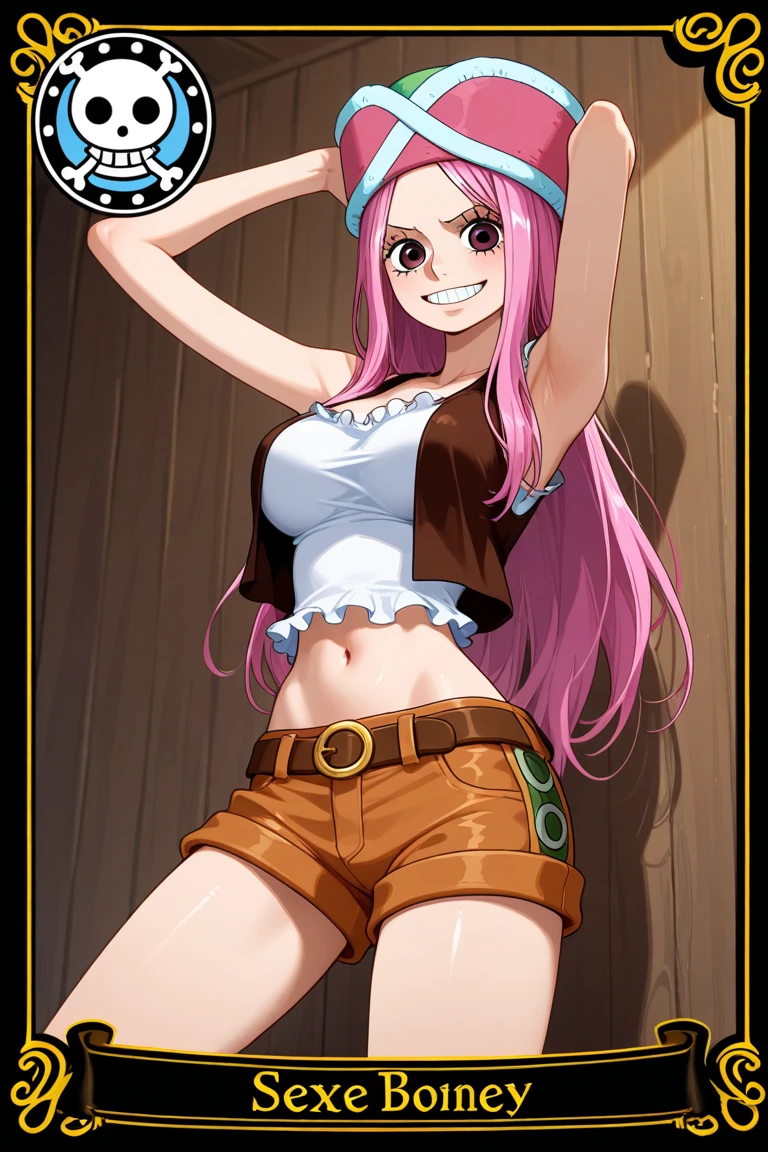 masutepiece, ((hyper detailed background, Delicate pattern, intricate detailes)), (Highly detailed, Quality with attention to detail, beautiful light nidium chest, Slim Girl, very slim girl))), (Portrait),  Jewelry Bonnie V2, 1girl in, Solo, Long hair, Pink hair, hat, ((Slim Girl, medium breasts, hyperdetailed lips)), Red lips, (thighs thighs thighs thighs, Shorts, suspenders, long boots, Purple eyes), Navel, Smile, Midriff, croptop, Belt bag, grin, suspender shorts, intricate detailed background, Barren land, boulders, ocean, nature environment,crotch open,She's sticking out her tongue,