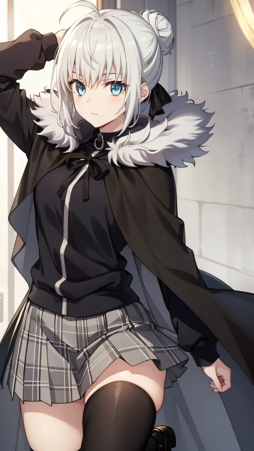 {{{masterpiece}}}, (best quality:1.5), (ultra-detailed:1.5), {illustration}, {{an extremely delicate and beautiful}}, (beautiful detailed eyes:1.6), absurdres, highres, extremely detailed face, 16k, hd, visual anime de uma jovem mulher, extremamente bonito rosto de anime, anime melhor garota, (perfect hands, perfect anatomy), anime face, gray(Fate Grand Order), 1gril, solo, cute face, short hair, grey hair, ahoge, hair bun, hair ribbon, bangs, sidelocks, blue eyes, medium breasts, big hips, curvaceous, BREAK, black cape, long cape, hood, {{hood down}}, gray collar, fur collar, black ribbon, black shirt, long sleeves, black sleeves, plaid skirt, pleated skirt, grey skirt, miniskirt, black thighhighs, black footwear, thighs, zettai ryouiki,
