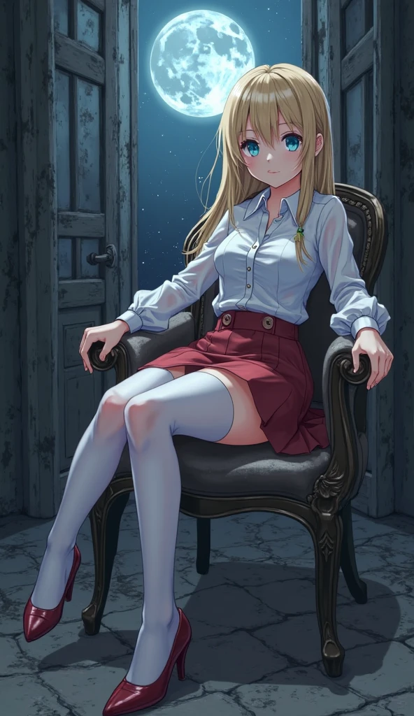 Highest quality,masterpiece,masterpiece portrait,((full body)), Blonde、Blue Eyes、Pink lips、、White shirt、Black Ribbon、Sexy atmosphere、cartoonist、(((Slightly erotic)))、Wearing a red beret、((Posing with a fountain pen))、Anime Style、Beauty、((The background is the wall of a coffee shop))、Sitting in a chair、(((Front view)))、Looking up