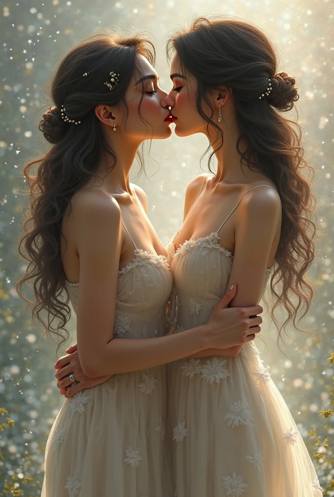 (masterpiece, highest quality, official art, beauty and aesthetic), photograph, perfect anatomy, two gorgeous and stunning dark-skinned or pale-skinned young girls are deeply in love with each other, kiss, perfect make-up, romantic atmosphere, snow and moon, magnificent panorama view