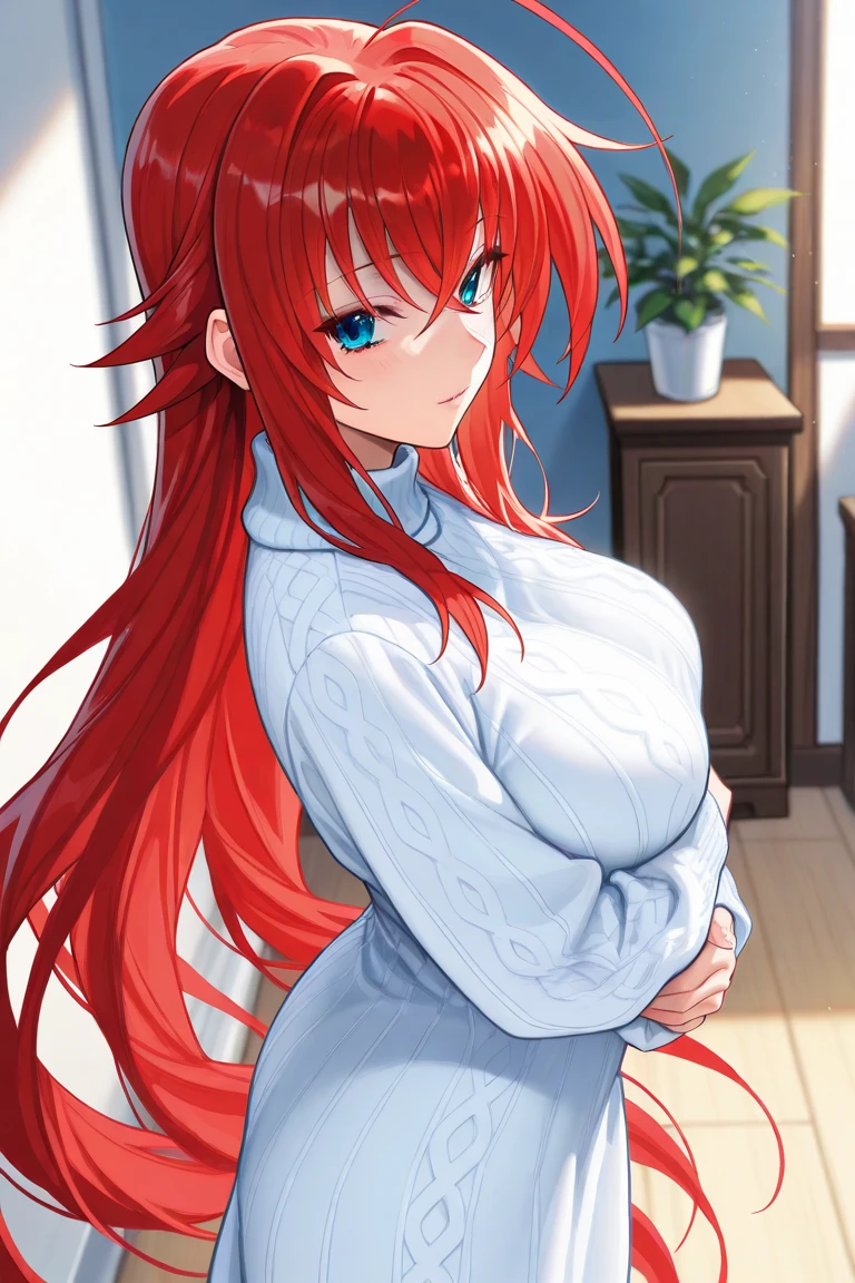 masterpiece、highest quality、High resolution、Very detailed、Close-up、Focus on the face、Leaning forward、Beautiful eyeedium wide shot、Mature Woman、(aty, long hair, blue eyes, red hair, Hair between the eyes、Big Breasts)、Red turtleneck sweater、Long sleeve、I'm embarrassed、Grabbing the hem of the clothes with your hands、Accentuated breasts、
