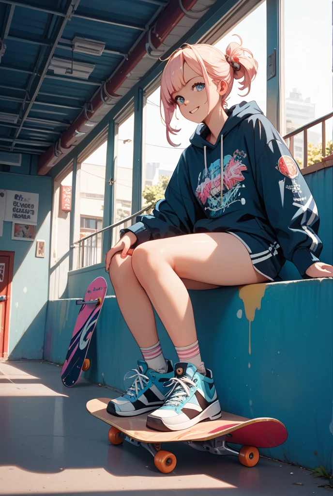tmasterpiece, Best quality, (Very detailed CG unified 8k wallpaper) (Best quality), (Best Best Illustration), The best shadow, (A girl who skateboards: 1.3), , Cute big breasts, cheveux gris courts, Hood, Sweet cool, Shiny details for the eyes, (Colorful flight suits), Fashion shorts, (Color skateboard: 1.1), Pink, Yellow, blue, the street, Rochas, (Best quality, Stunningly detailed: 1.25), (Alone), Brilliant and colorful paintings