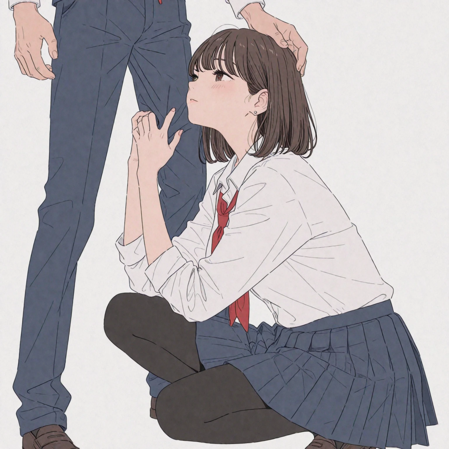 (pulled detailed cotton panties:1.0), (best quality:1.0), (masterpiece:1.0), (super fine illustration:1.0), (beautiful artwork:1.0), (anime screencap:1.0), (official art:1.0), (a 20yo man:1.0), (a man wears business suit and puts on business shoese:1.0), (a girl is angry:1.5), (white background:1.0), (best quality:1.0), (masterpiece:1.0), (super fine illustration:1.0), (beautiful artwork:1.0), (anime screencap:1.0), (official art:1.0), (full body:1.0), (HSGα:1.0), (a 18yo cute girl:1.0), (long skirt:1.2), (dark blue skirt:1.0), (pleated skirt:1.0), (school uniform beige blazer:1.0), (red necktie:1.0), (loafers:1.0), (black socks:1.0), (ideal ratio body proportions:1.2), (lanky:1.2), (tall:1.2), (slender:1.2), (small breasts:1.2), (smaller face:1.2), (tareme:1.0), (detailed beautiful eyes:1.0), (detailed beautiful face:1.0), (glowing black eyes:1.0), (long hair:1.0), (brown hair:1.0), (standing:1.0), (looking at a man:1.0)