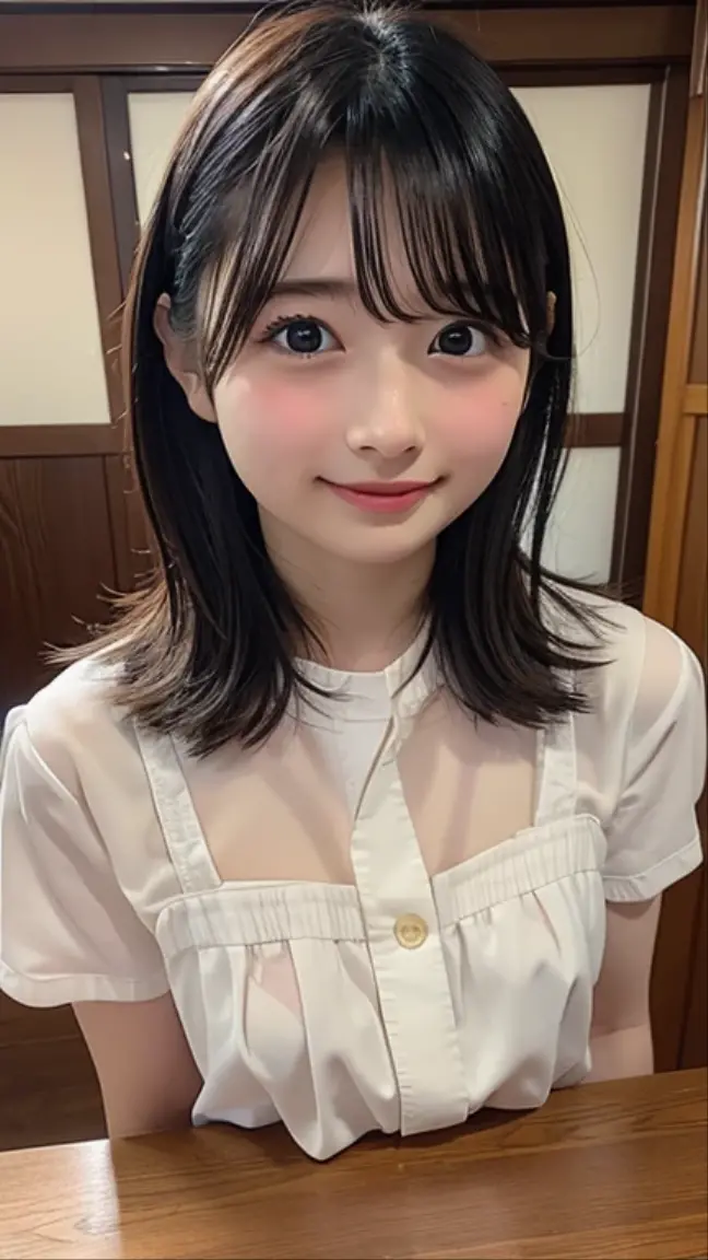 There is a woman with long hair wearing a yellow polka dot shirt, Yoshitomo Nara, sakimichan, small nose, chiho, accurate face, cute natural anime face, Japanese facial features, clear cute face, cute Realistic portrait, Asian face, 8k selfie, soft makeup, beautiful legs, dark outside