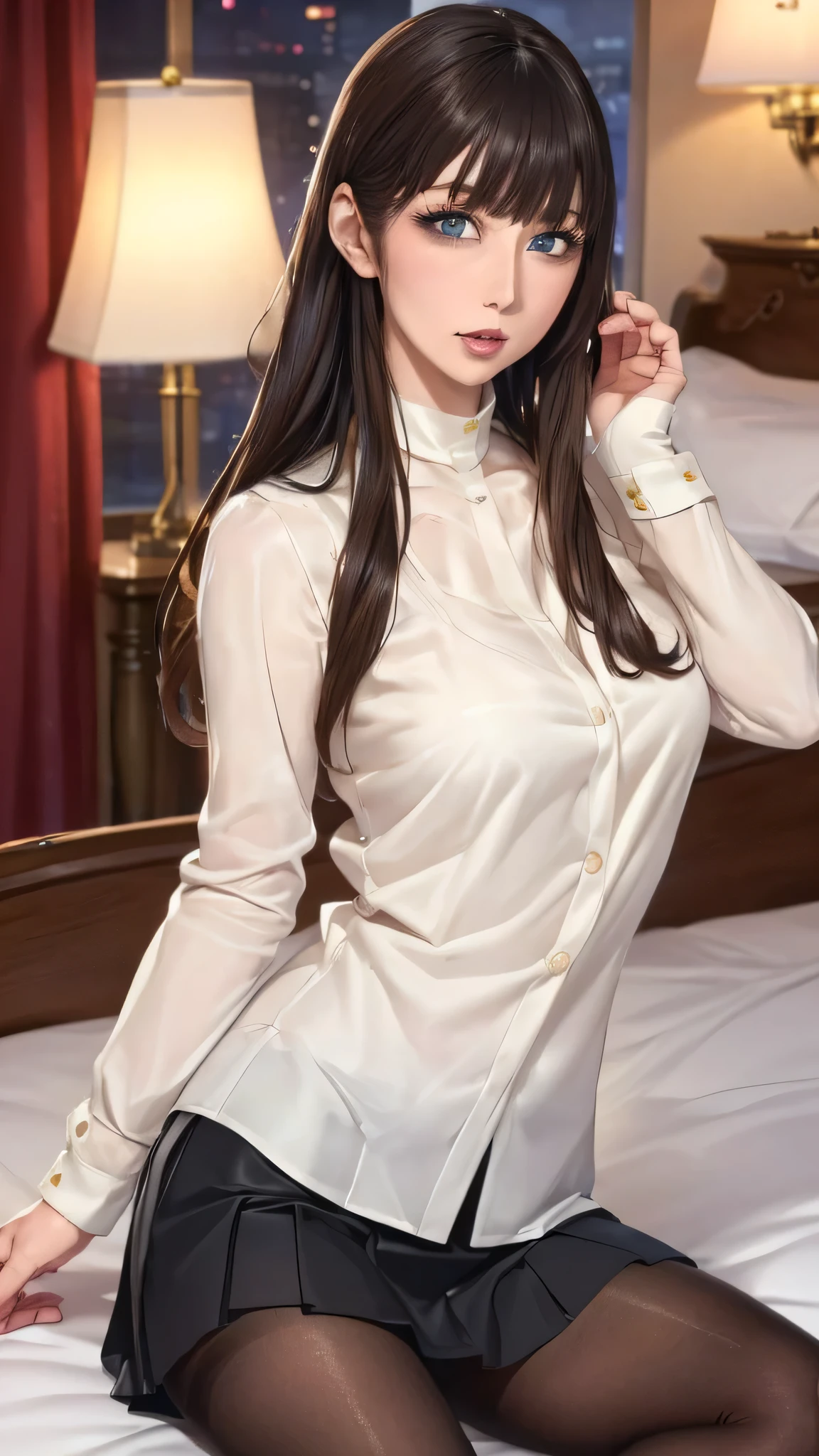 Beauty，Long hair。Beautiful face，big eyes，Double eyelids，Long eyelashes。Perfect body。White and tender skin。Full breasts，Thin waist。Hips，Long legs。Loose shirt，Plump thighs exposed。Back to the audience。