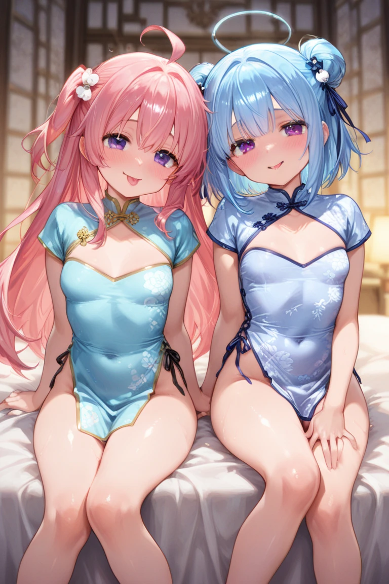 (master piece, high quality), multiple girls,two girls,beautiful, teenage, pink hair, blue eyes, cleavage, face turns red, open your mouth, twin tails, ((nsfw)),(((nude))),(((topless))),(medium breasts),(((pussy))),((Stand with one leg up)),They hug each other to show that they are good friends