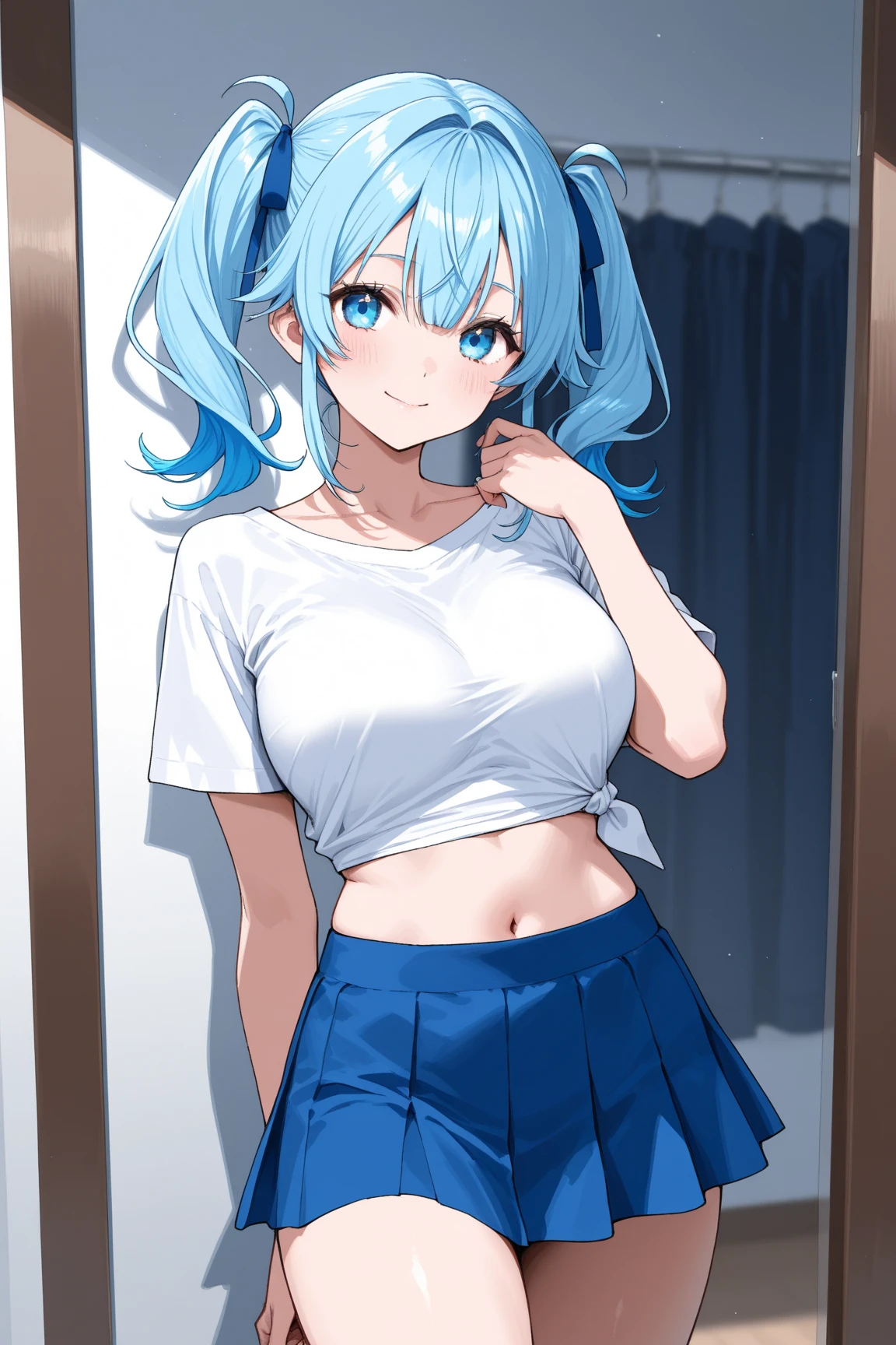 one girl, wolf ears, pure. naive, cute, blue hair, innocent, cowboy shot, camisole
