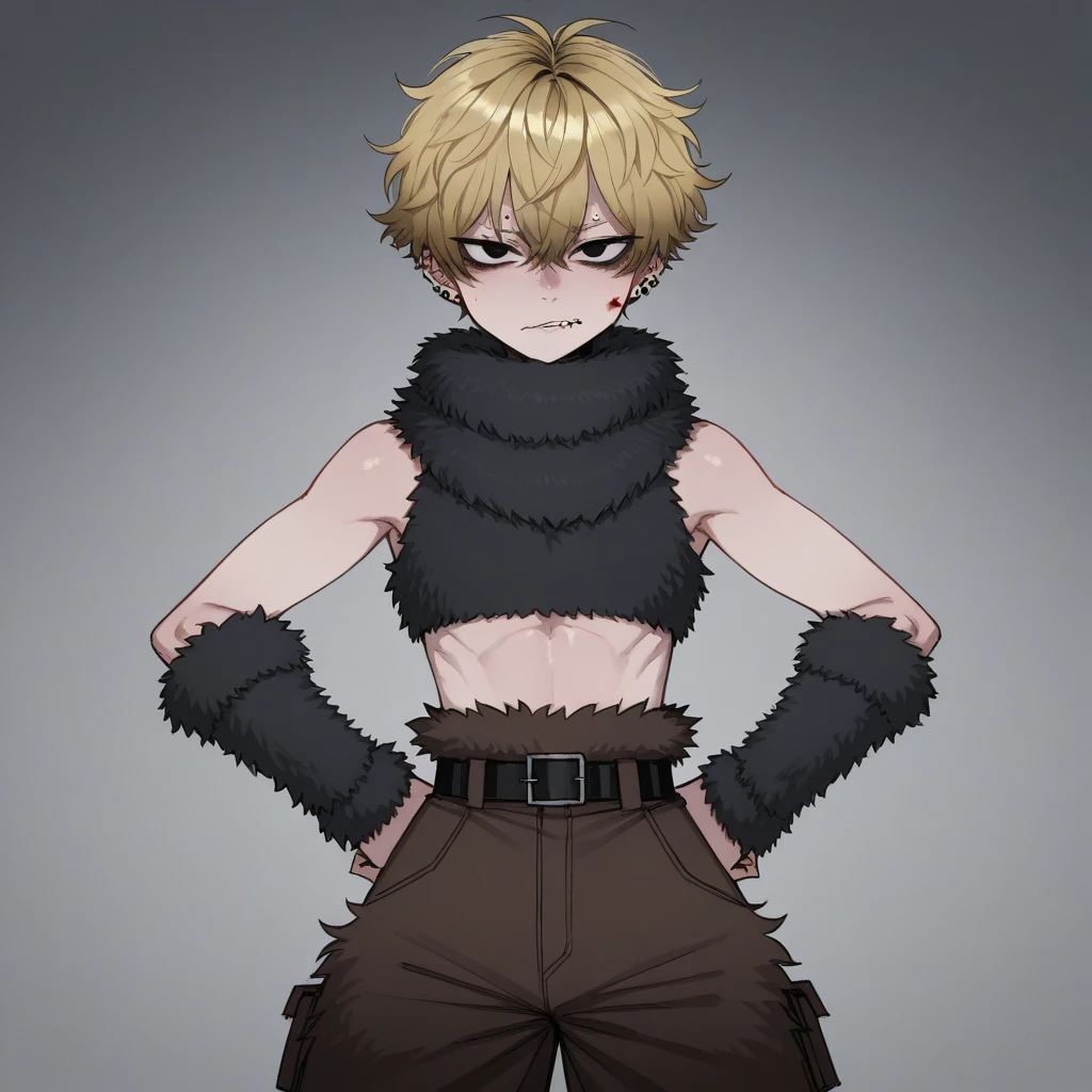 （One girl）、((short hair))、(sidelock)、(Blonde)、(sidelock)、((boyish))、((flat chest))、((Wizard))、black stick pants、White sleeveless、black jacket、black gloves、say、green eye、arm behind back、(coarse hair)、20-year-old 、curvy、White Background、