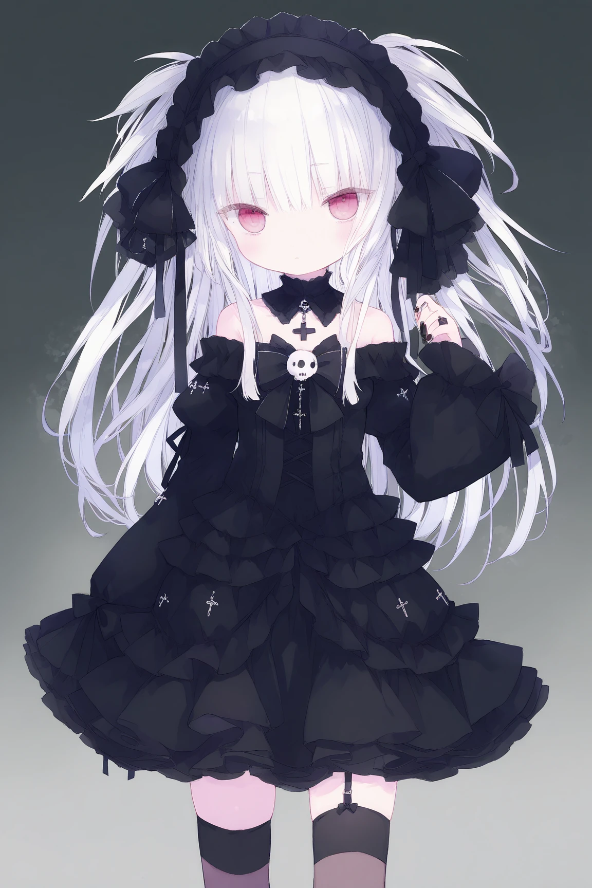 BREAK (black theme:1.5), (all black:1.5), ((gothic lolita, black nurse costume):1.3), (black (nurse cap, sling) with cross-symbol print on head:1.5), (fusion of (short sleeve black collared-shirt with double-breasted) and black mini wrap-skirt:1.4), (collarbone:1.4), (double-breasted:1.4), (black choker with cross:1.3), ((intricately embroidered black lace, black ruffle trim):1.3), (black platform high boots:1.2),smile.
BREAK (white and black theme:1.2), (white cross-symbol:1.3), (wrap white bandages around arms and legs:1.4), (white button:1.2),  high-resolution, ultra-detailed, best quality,(パステルカラー:1.3)、(キュートイラスト:1.3)、(水彩画:1.1)、
