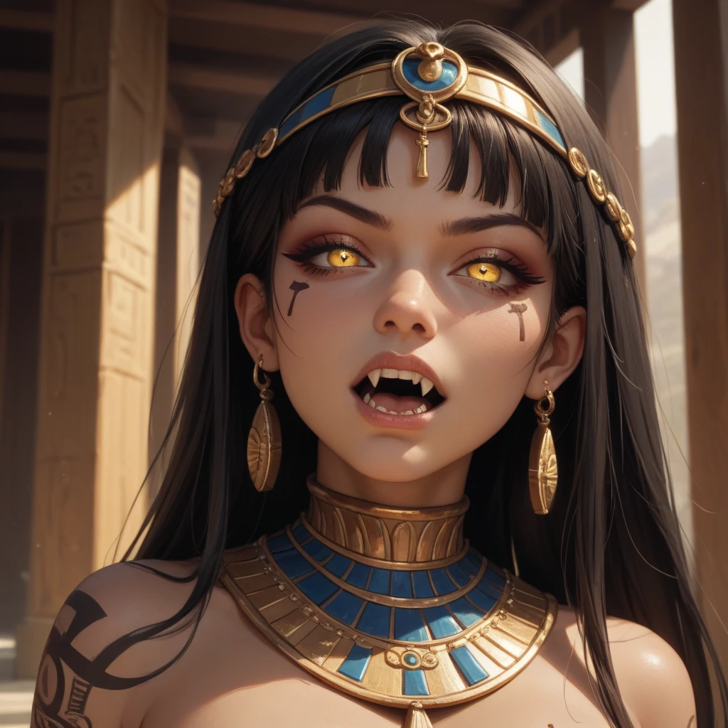 vibrant colors, 1 girl, masterpiece, sharp focus, best quality, depth of field, cinematic lighting, detailed outfit, anubis girl, anubis ears, red eyes, dark skin, cute, smile, medium black hair, egyptian outfit, golden egyptian jewelry, desert, pyramid,
