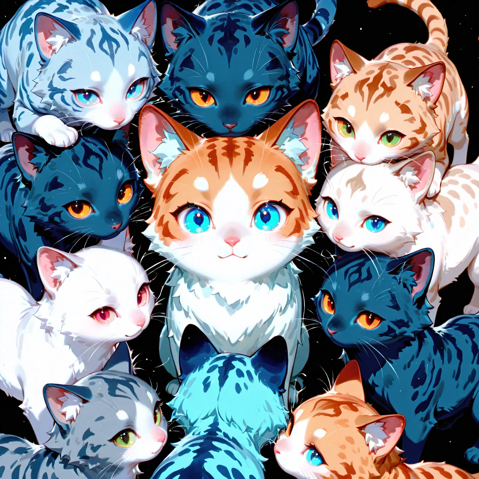 A bunch of cats, various breeds, different colors, fanciful, colorful, whimsicle, anime style, cartoon look