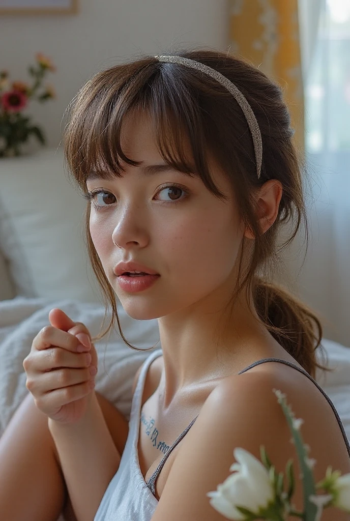 ((Best quality, 8k, Masterpiece :1.3)), (1girl), (48 years old、Beauty)、Pleasant face、Beautiful Skin、Japanese、(Medium chest)、(Blonde with pigtails)、Beautiful Skin、Fair skin、Accurate Fingers、(See-through camisole:1.4)、Shot from above、(Lying on the bed:1.4)、(真night中、night:1.3)、Temptation underwear、Raise your arms