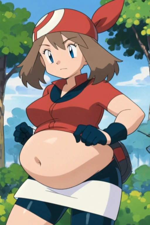masterpiece, best quality, 1 girl, solo, kirlia, green hair, red eyes, female breasts, medium breasts, in a restaurant, tight t-shirt, exposed belly, pregnancy belly, small shorts, tight shorts, orange color shorts, pregnant, laughing, blushing, carrying a beer mug in each hand, orange shorts.