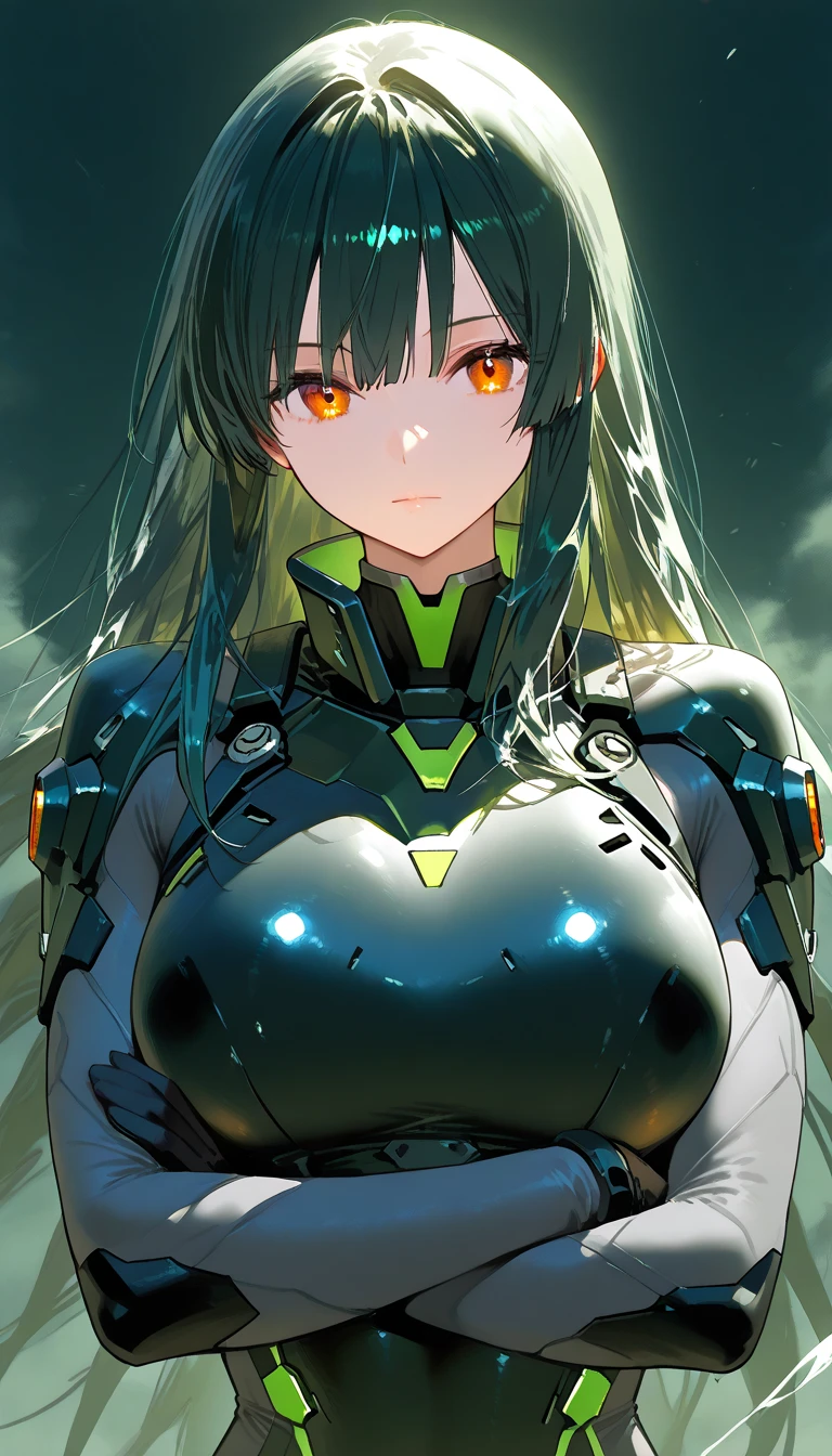 (UHD, retina, masterpiece, accurate, anatomically_correct, textured_skin, super_detail, high_details, high_quality, best_quality, high_res, 1080P, HD, 4K, 8k, 16k), (beautiful_detailed_eyes, beautiful_detailed_lips, extremely_detailed_eyes_and_face), soft_lighting, physically-based_rendering, vivid_colors, (large_breasts:1.5), (shiny_hair, shiny_skin, tanned_skin, blush), (bangs:1.5), eye_reflection, (bokeh, green_light, thunder:1.5),