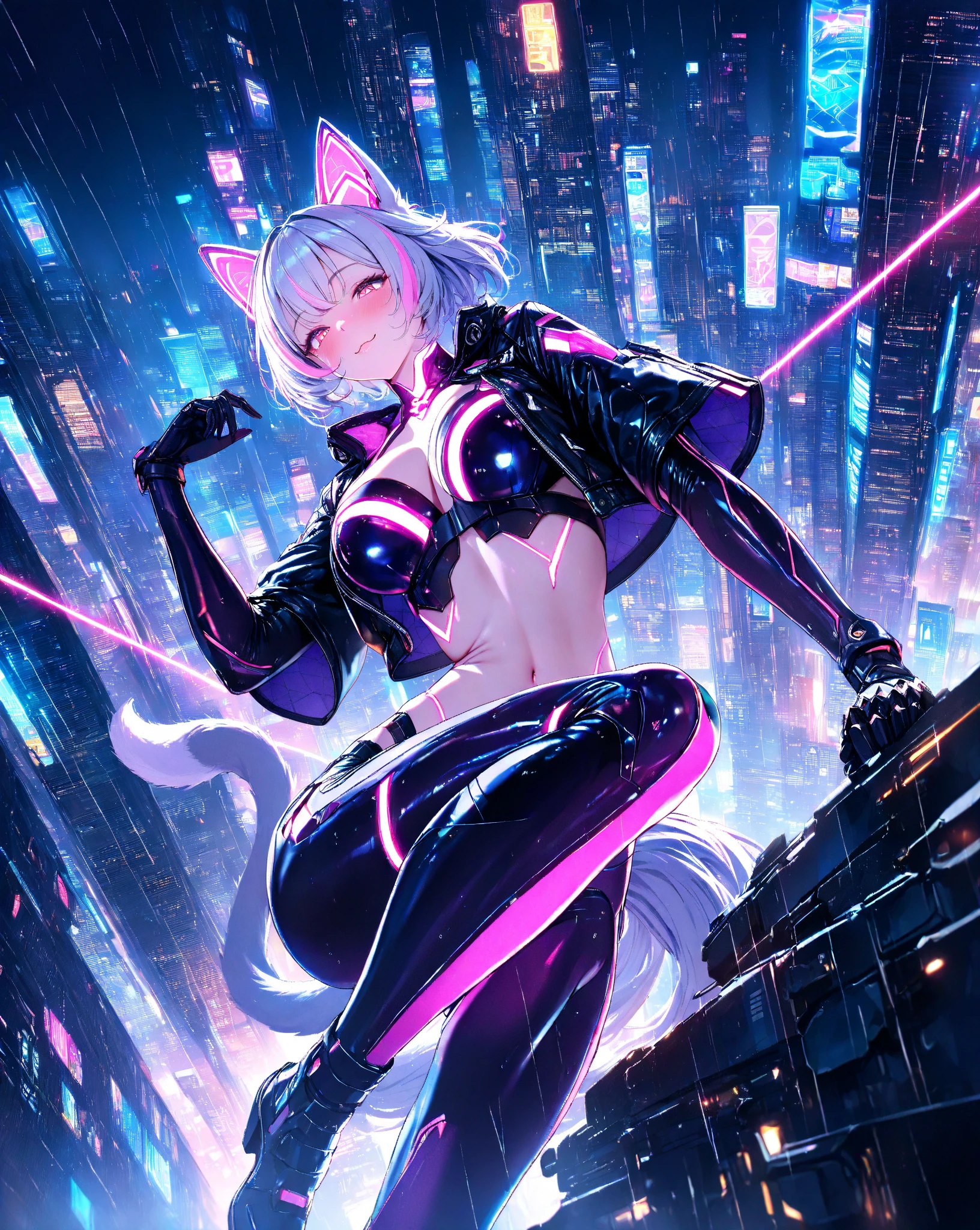(((perfect quality, incredibly absurd, highly detailed, delicate and dynamic, very delicate facial expressions, delicate eye depiction, erotic, masterpiece, 8K))), ((vivid pink micro bikini:2.0, pink high heel)), (shiny silver hair, bob cut, bang between eyes, beautiful hair, silver eyes, beautiful eyes, twinkle eyes, large breast), 1girl, cute face, beautiful face, pretty face, beautiful, best quality, dynamic angle, girl focus, (white background:1.4), BREAK, Expression: embarrassed, smile, Location: midnight dark city, BREAK, neon bikini woman, dash between buildings, glowing colors, glow, color depth, sharp transition to bright, neon colors, smooth colors, high quality glow, bright neon, colorful neon, light flares, intricate details, enhanced lighting, (Neon outlines:1.3), outlined shine, Light effects,