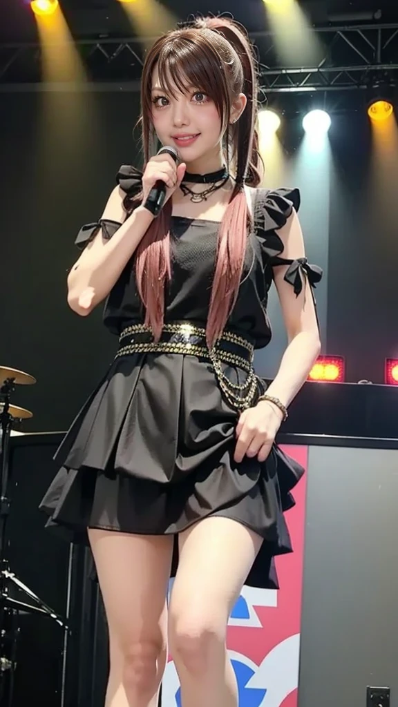 Best image quality, masterpiece, ultra high definition, (photorealistic: 1.4), raw photo, (full body shot), attractive smiling girl on live stage (playing electric guitar: 1.5), (dynamic pose), red gradient hair, asymmetrical bangs, long ponytail, cross pendant necklace, earrings, (rocker chic, sexy red lace ruffles \ (clothing\ ): 1.5, ultra-low waist lace ruffle mini skirt), lower abdomen exposure, colorful live lighting, spotlight