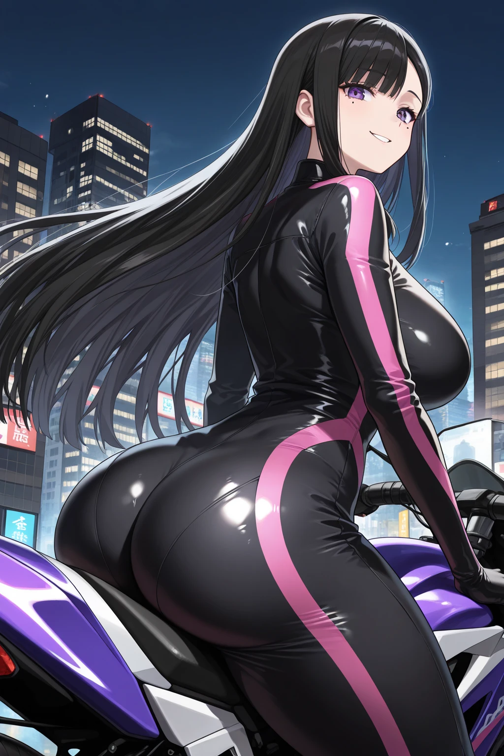 Akeno Himejima, 1girl, (((bimbo))), long black hair, purple eyes, ear rings, (((bimbo))), puffy lips, painted lips, thick lips, wide hips, thick thighs, huge round ass, enormous natural breasts, shiny oily breasts, she venom, skin tight venom suit, full venom body suit, black venom, symbiote, muscular, legs posing, skydiving, in the air, city, cyberpunk, full body, acrobatics,