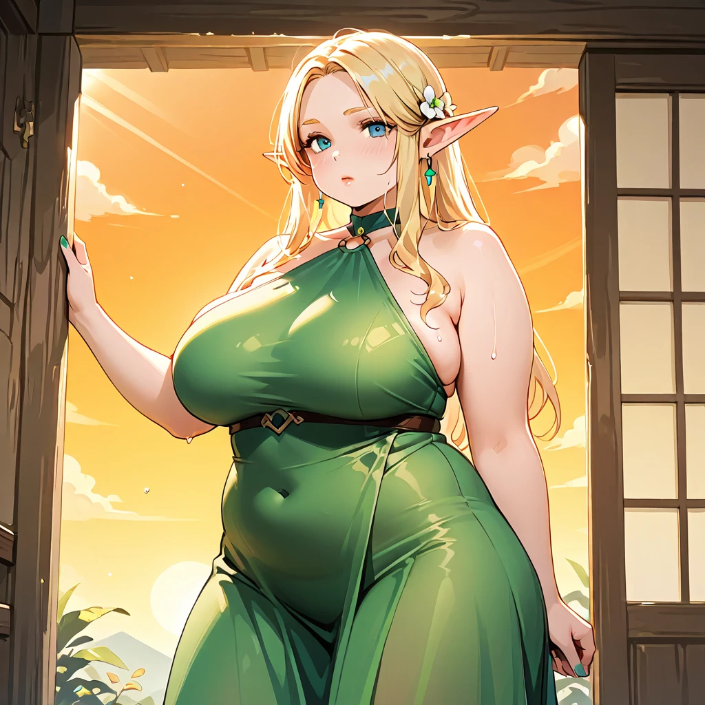 (best quality,a high resolution),pregnant swedish woman,belly,Bare belly,Beautiful detailed eyes,golden hair,perfect makeup,fit,Wear a strapless top,leggings,huge breasts,Thin,Putting his hands on her exposed belly,17 years old,Intense pregnancy glow,Stunning style,Standing in a blooming garden,There are colorful flowers around her,Vibrant green grass,peaceful atmosphere,The gentle sunshine shines on her,Create a warm and gentle feeling,Highlight her shine.