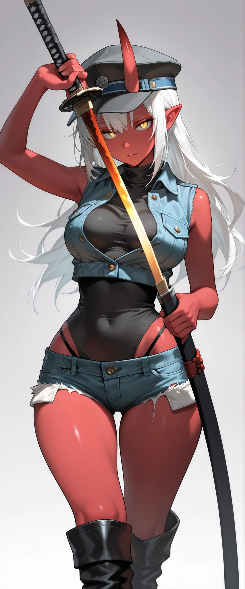 (masterpiece), best quality, expressive eyes, perfect face,1 girl, Oni, horns, pointy ears, long hair, white hair, yellow eyes, hair down,medium breasts, breast expansion, ((seductive pose)),looking at viewer, cowboy shot, (((black turtleneck, sleeveless, cropped denim jacket))), semi realistic, ((red skin)), ((unsheathing a sword, wide hips)), ((Micro shorts, Ripped shorts, Panty straps, high leg shorts)), (((wearing a cap))), plain background, standing, ((knee length boots))