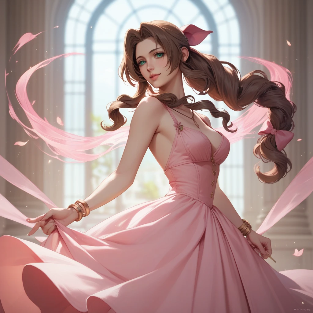 (best quality), (very aesthetic), (ultra-detailed), (best illustration),Aerith in a long skirt,Trembling with pleasure,Masturbating while standing,Inner thighs,Being drunk,Ahegao,heart,full body