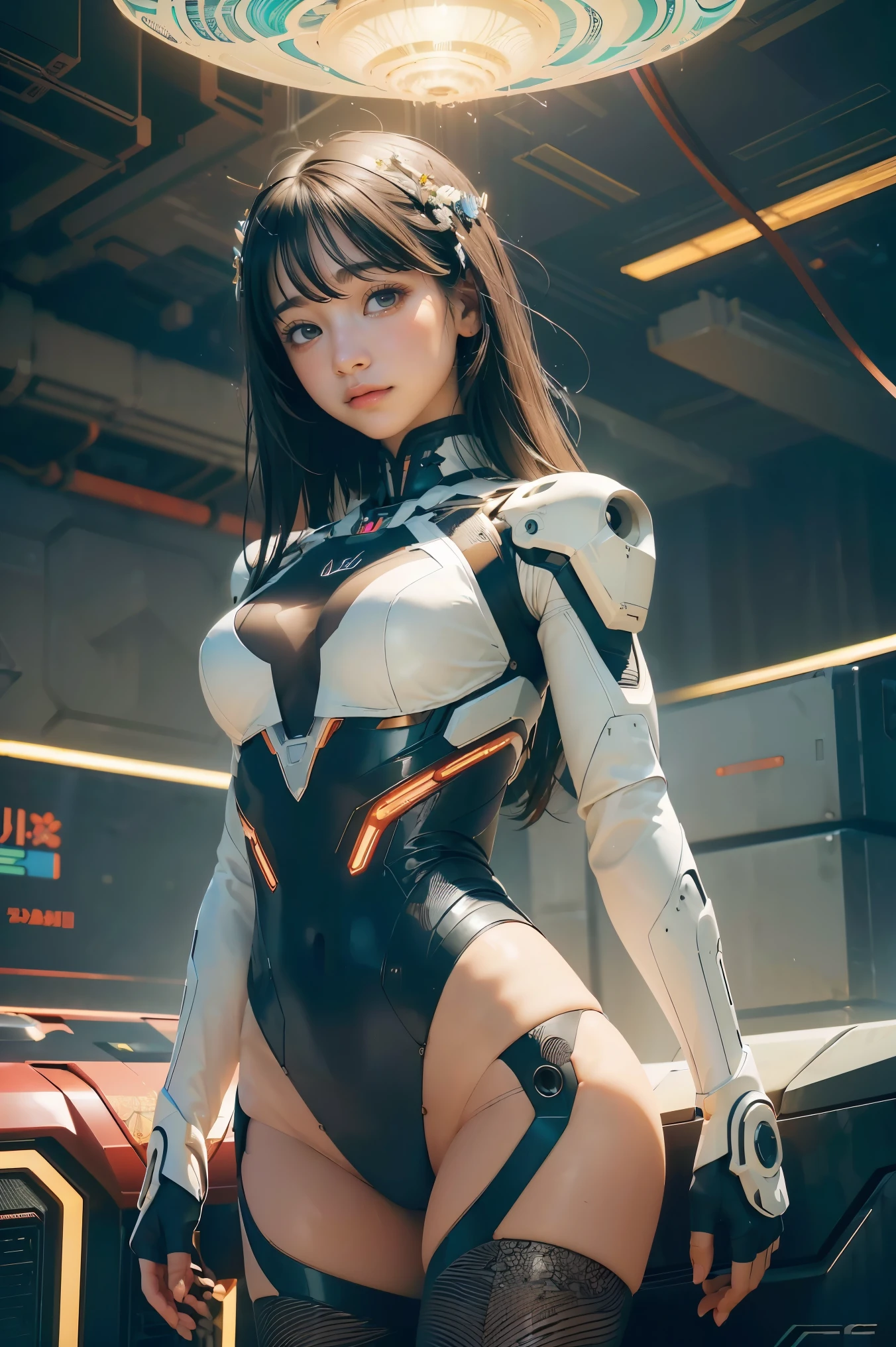 Masamune Shirow, hiroshi masumura, shinya Komatsu, Surreal, mysterious, strange, fantastical, fantasy, Sci-fi, Japanese anime, spaceport, a beautiful girl in a body suit watching the long-distance space bus take off and land on Mars from the cafe terrace, boyish beautiful perfect voluminous body, together with a cat, detailed masterpiece Depth of field cinematic lighting realistic mechanics