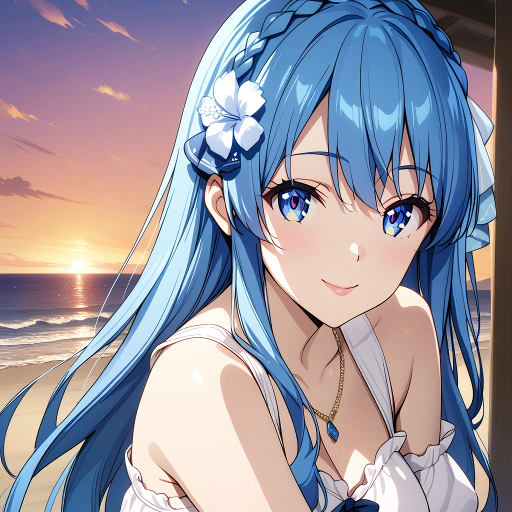 Reem_ (re: zero), (cabelos azul-claros), (cabelo azul claro curto), (Cabelo acima de um olho: 1.3), (olhos azuis), Ela tem dois grampos no lado esquerdo do cabelo., E ela tem uma gravata em forma de flor no lado esquerdo do cabelo., (arms behind the back: 1.3), (5 fingers on both hands: 1.3),((Um altamente detalhado,very high resolution,detailed parede paper)),1girl, Olhando para as cenas, night sky, bay, Sunset, casaco, neve, mistborn,