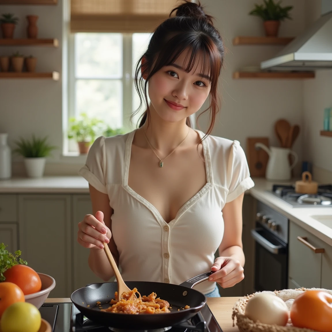 ,Highest quality, masterpiece, Ultra-high resolution, (Realistic:1.4), RAW Photos, (Real skin texture:1.3), (Film Grain:1.3), 1girl, ((cooking outfit)), sneaker, large breasts, cleavage, beauty, smile, ((cooking)),