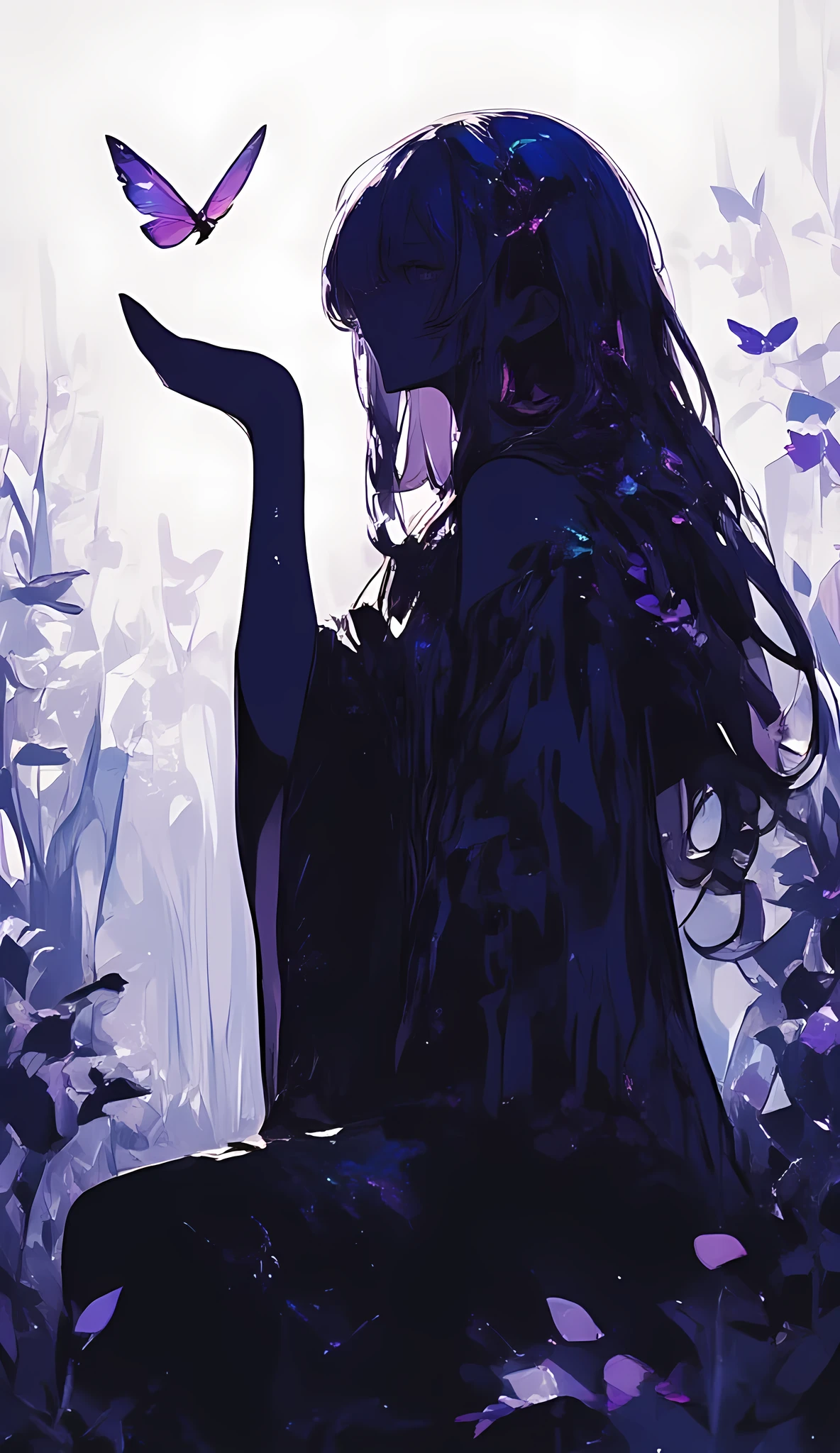 The image depicts a silhouette of a person with long hair, captured in a dramatic, high-contrast scene. The person is holding their hand up, and a butterfly is hovering near their palm, creating a sense of interaction between the human and the natural world. The background is a gradient of light and dark shades, giving a soft, ethereal effect. The overall composition emphasizes the delicate and serene moment, with the butterfly symbolizing transformation and beauty.