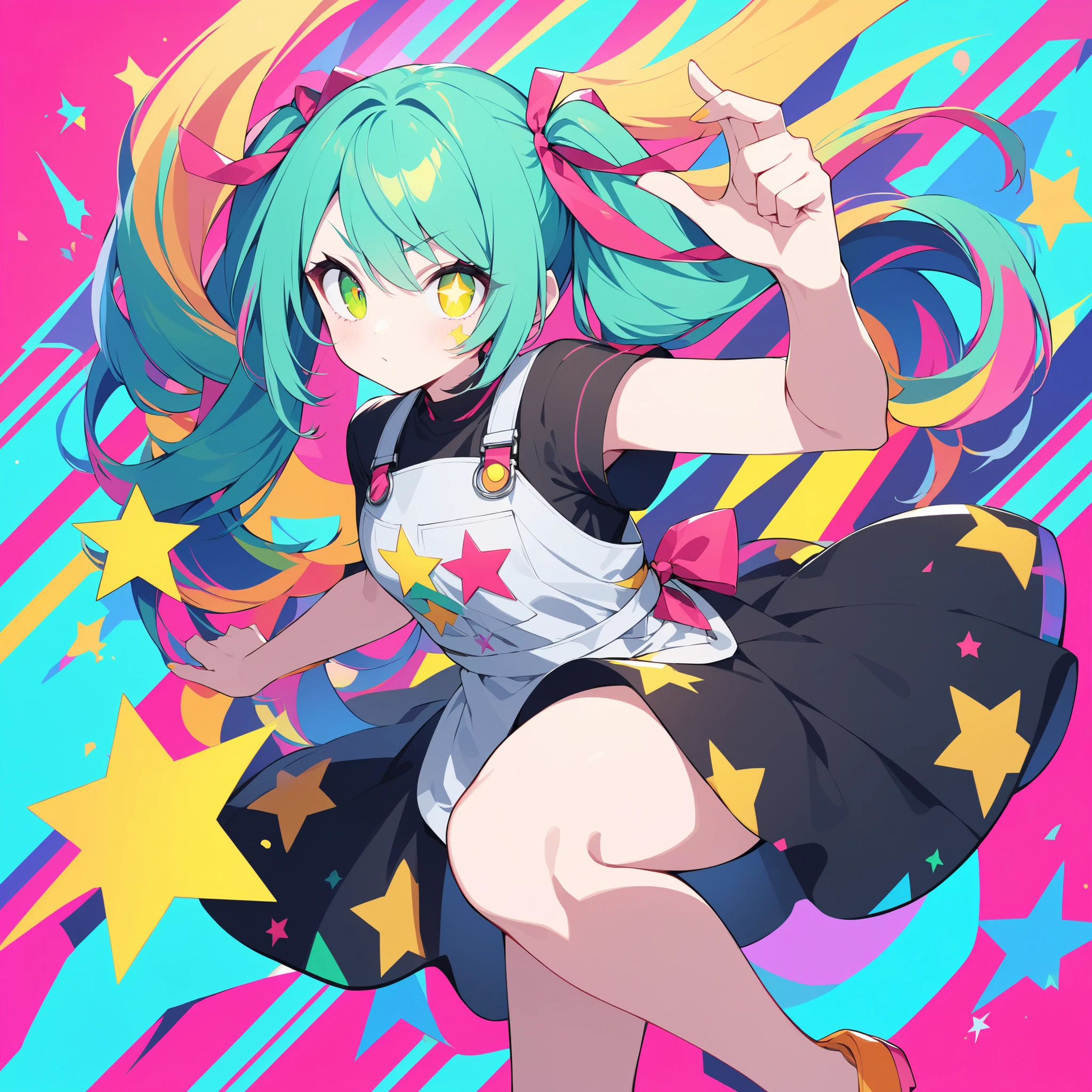 , and、features a yellow star-shaped accessory on the inside of the pigtail. raising his left arm up、with bright blue-green hair tied into pigtails、has a prominent pink ribbon on the top, x} moreover、enhances contrast and makes the character pop visually. character's eyes are big so that they look fun, dark, and the focused, conveys a sense of determination and frustration. Her round face is、and is surrounded by vivid hair that changes to pink until the end. It's an illustration that combines cute charm elements with a slightly rebellious attitude {x} She's wearing a simple black dress adorned with big yellow stars. Part of, highlights the star theme in the colorful and bold illustration. complete the, adds a playful touch to her overall look. background is bright orange , costume What makes it look great is an oversized pink shoe that matches the ribbon. depicts a cartoon character with an expressive and determined expression, captured from the character's stance and expression.