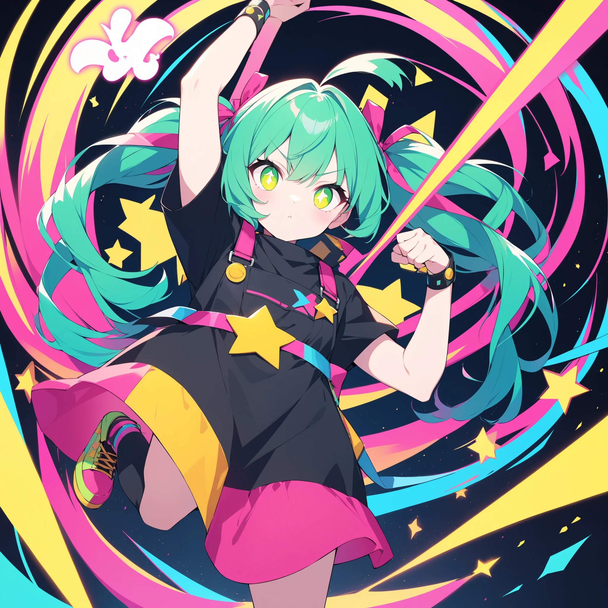 , and、features a yellow star-shaped accessory on the inside of the pigtail. raising his left arm up、with bright blue-green hair tied into pigtails、has a prominent pink ribbon on the top, x} moreover、enhances contrast and makes the character pop visually. character's eyes are big so that they look fun, dark, and the focused, conveys a sense of determination and frustration. Her round face is、and is surrounded by vivid hair that changes to pink until the end. It's an illustration that combines cute charm elements with a slightly rebellious attitude {x} She's wearing a simple black dress adorned with big yellow stars. Part of, highlights the star theme in the colorful and bold illustration. complete the, adds a playful touch to her overall look. background is bright orange , costume What makes it look great is an oversized pink shoe that matches the ribbon. depicts a cartoon character with an expressive and determined expression, captured from the character's stance and expression.