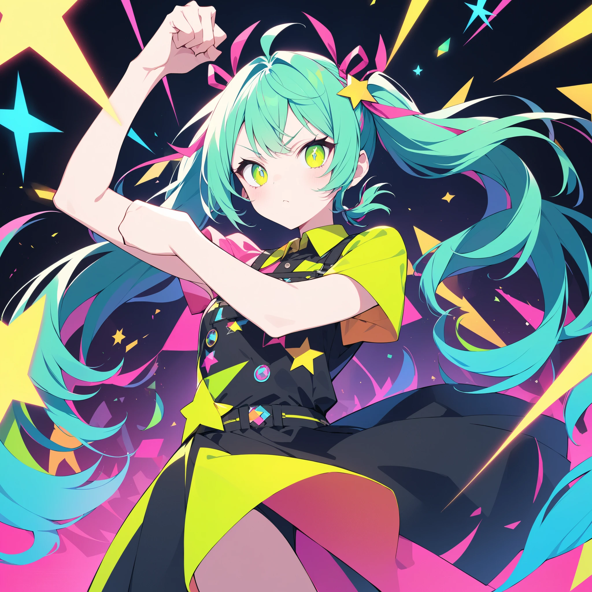 , and、features a yellow star-shaped accessory on the inside of the pigtail. raising his left arm up、with bright blue-green hair tied into pigtails、has a prominent pink ribbon on the top, x} moreover、enhances contrast and makes the character pop visually. character's eyes are big so that they look fun, dark, and the focused, conveys a sense of determination and frustration. Her round face is、and is surrounded by vivid hair that changes to pink until the end. It's an illustration that combines cute charm elements with a slightly rebellious attitude {x} She's wearing a simple black dress adorned with big yellow stars. Part of, highlights the star theme in the colorful and bold illustration. complete the, adds a playful touch to her overall look. background is bright orange , costume What makes it look great is an oversized pink shoe that matches the ribbon. depicts a cartoon character with an expressive and determined expression, captured from the character's stance and expression.